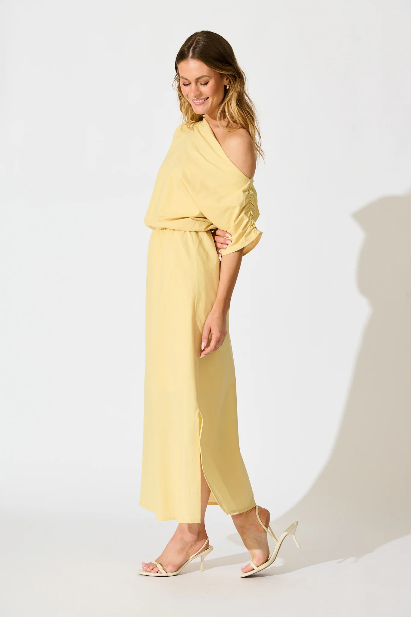 Saffron Sky Maxi Off Shoulder Dress in Butter Yellow Cotton - Image 3