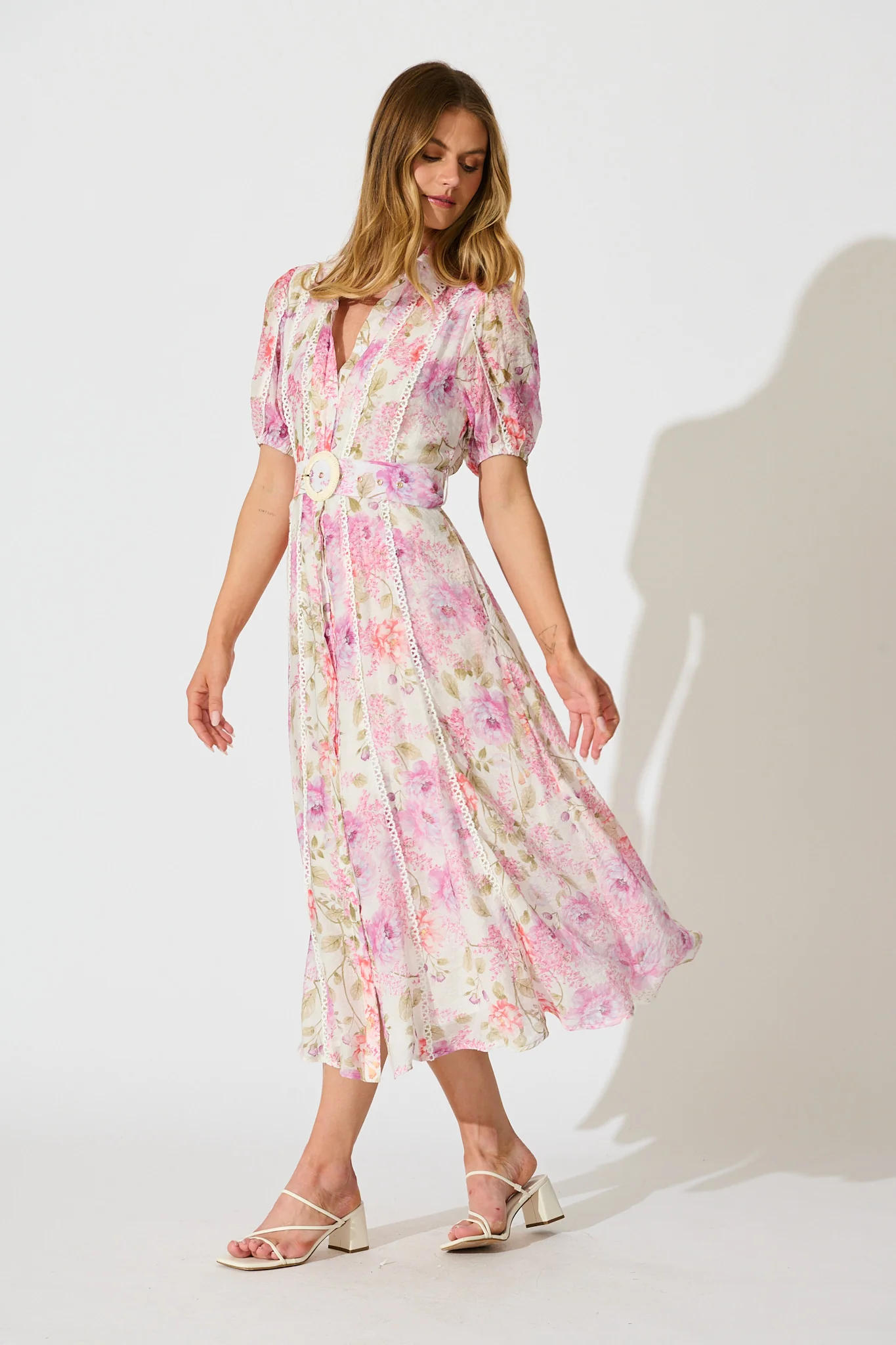 Safiya Maxi Shirt Dress in White with Pink Floral - Image 3
