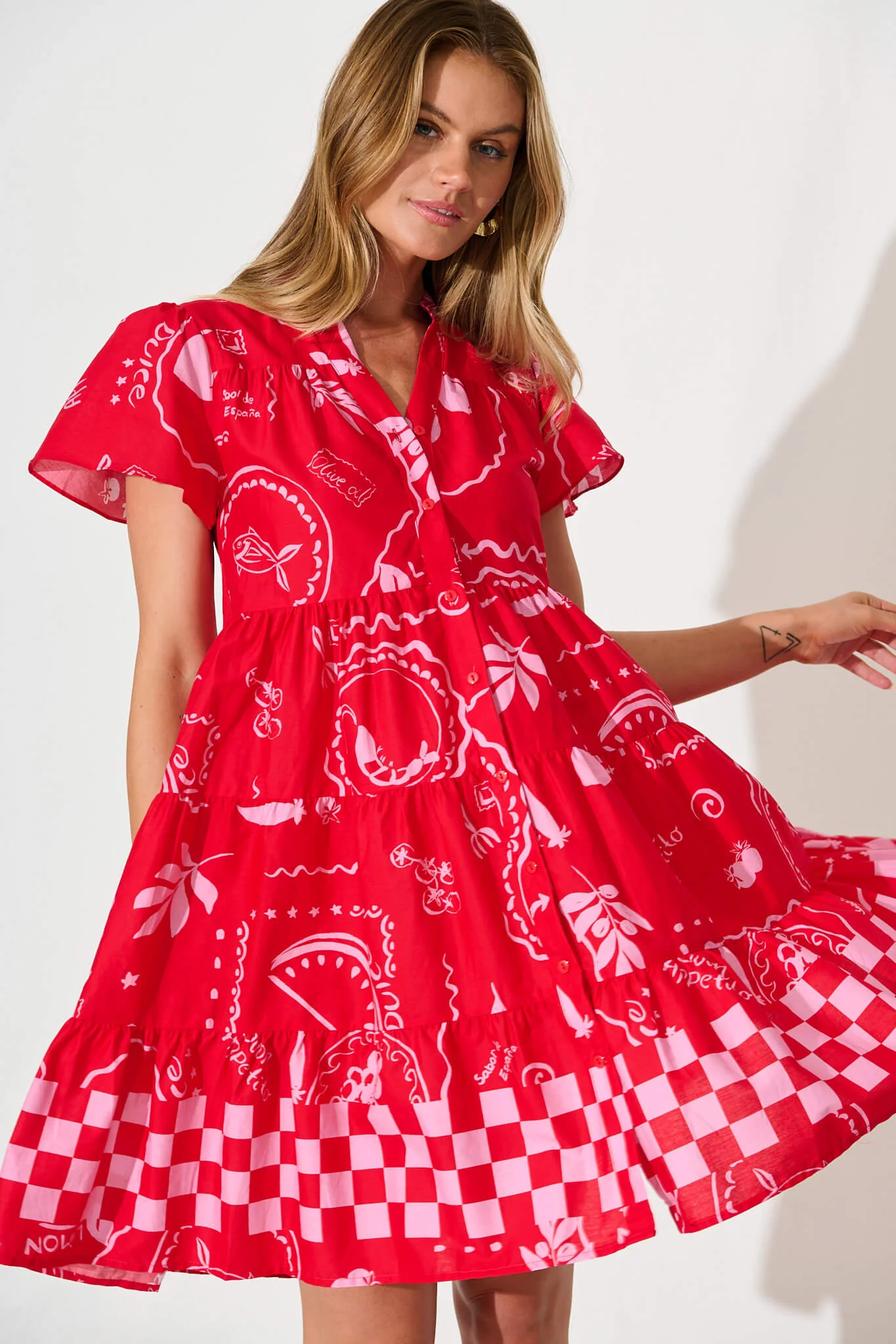 Saldana Smock in Red with Pink Border Print Cotton - Image 2