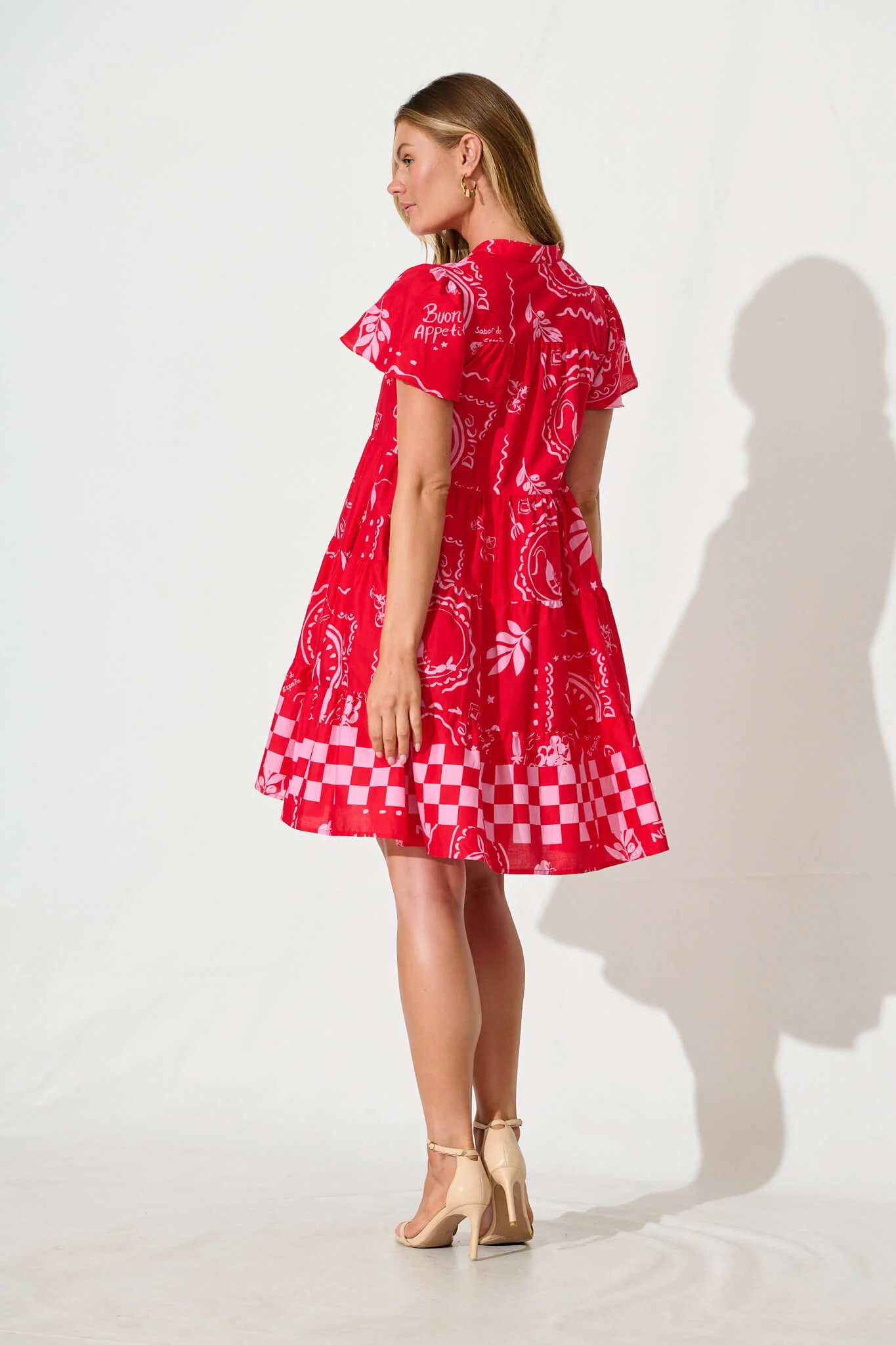 Saldana Smock in Red with Pink Border Print Cotton - Image 4