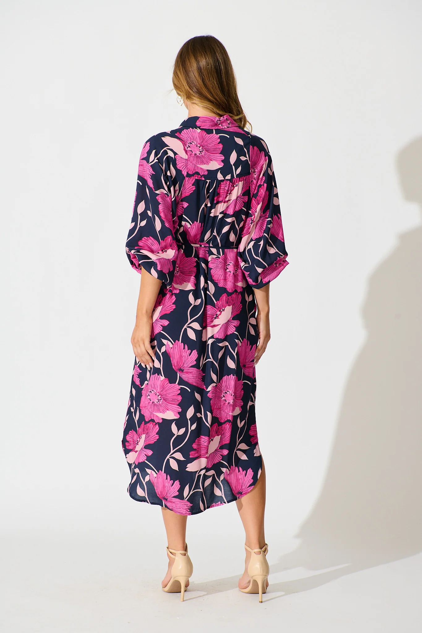 Sally Midi Shirt Dress In Navy with Pink Floral - Image 4