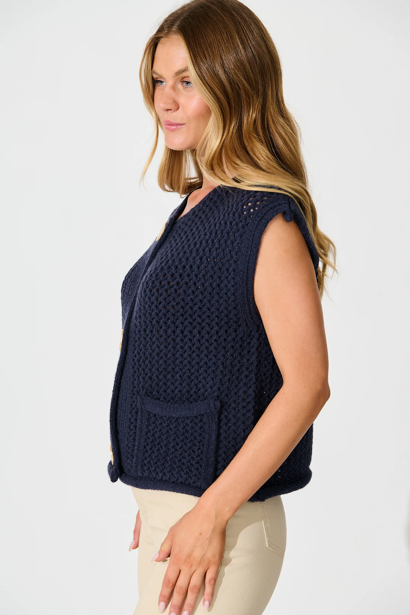 Samarah Knit Vest Top in Navy with Gold Buttons Wool Blend - Image 2