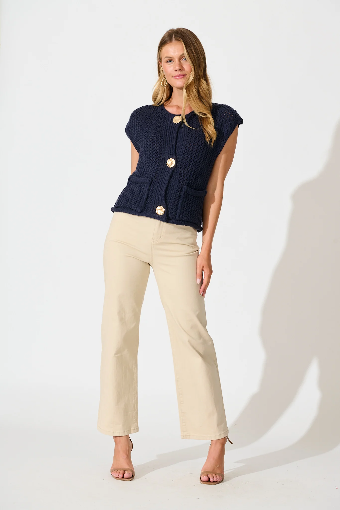 Samarah Knit Vest Top in Navy with Gold Buttons Wool Blend - Image 4
