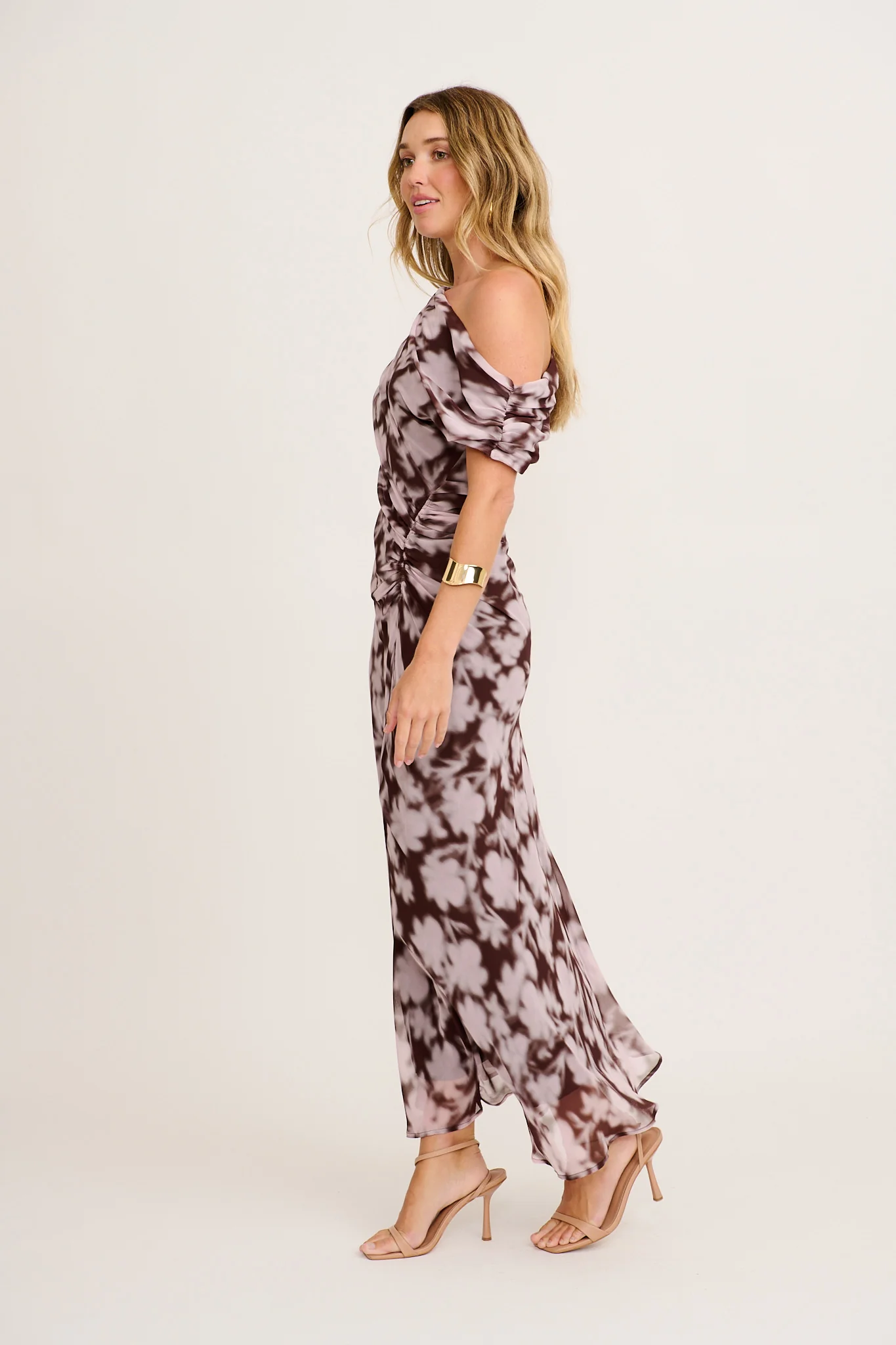 Samina Maxi Off Shoulder Dress in Brown Floral Chiffon - Image 3