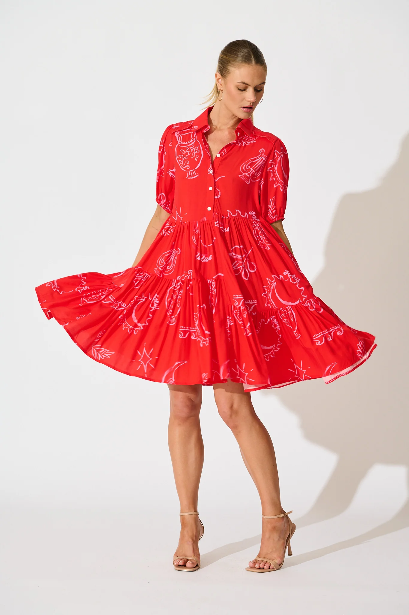Sana Dress in Red with Pink Print