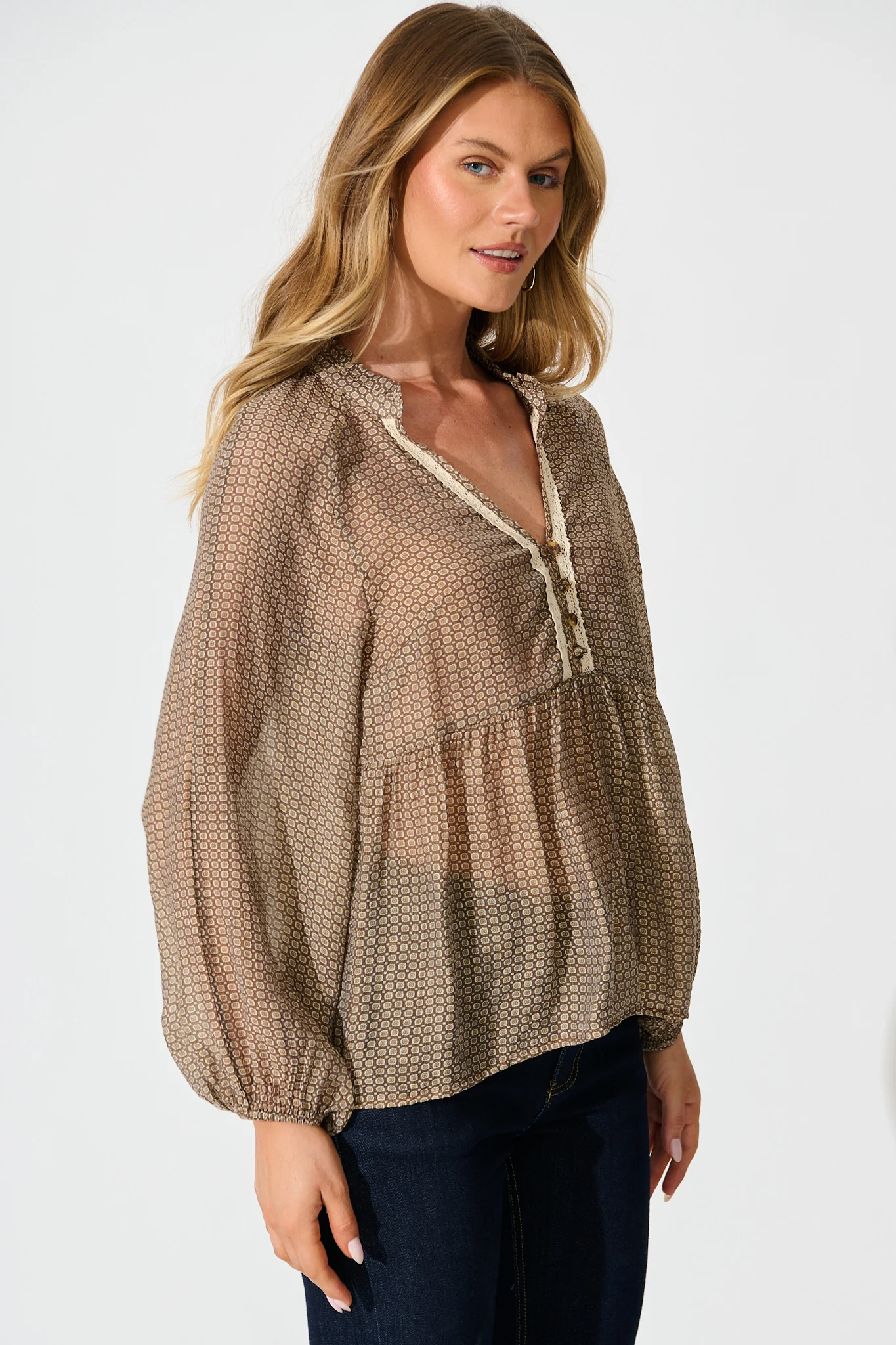 Santiago Smock Top in Brown Tile Print - Image 2