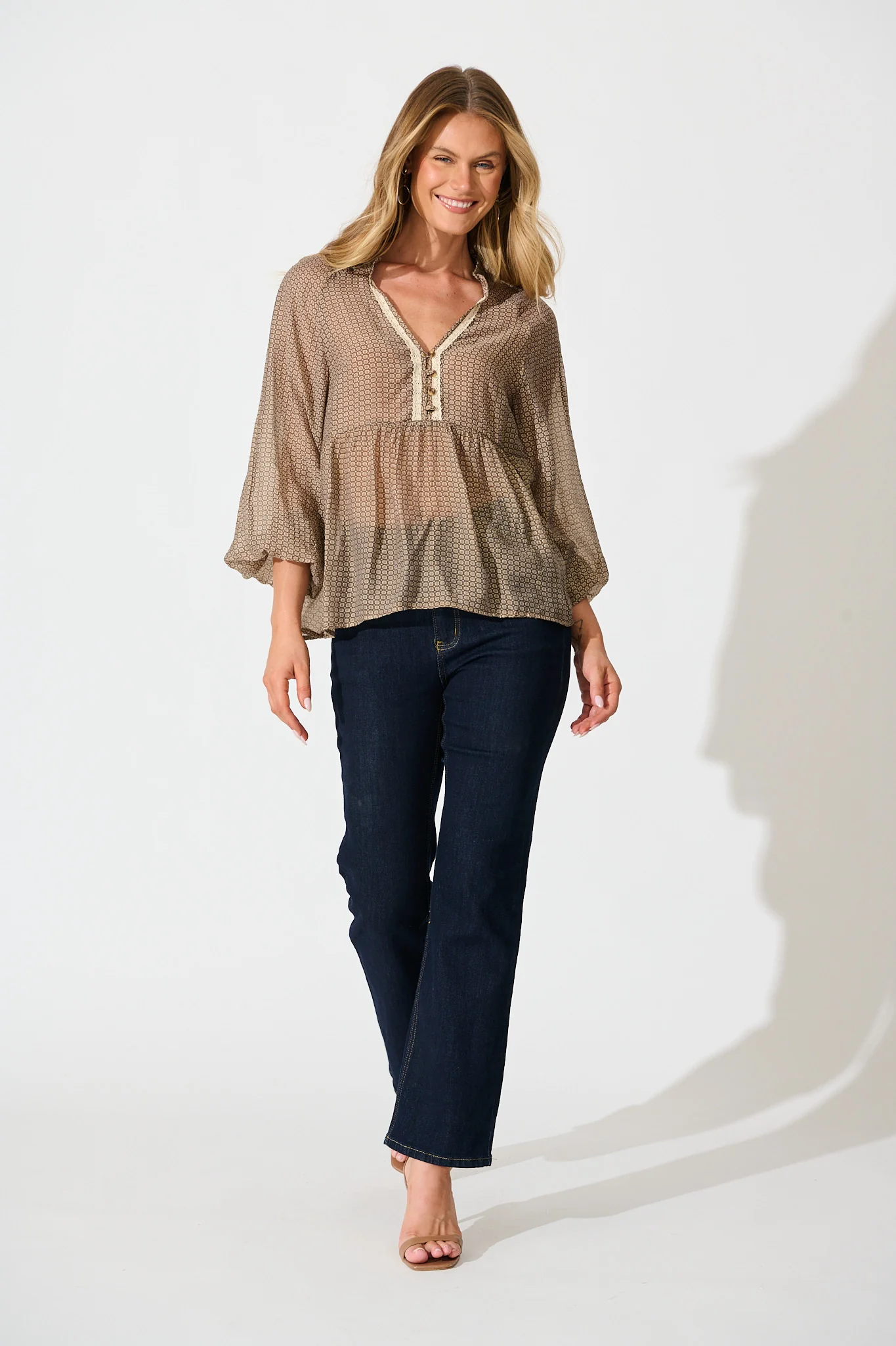 Santiago Smock Top in Brown Tile Print - Image 4