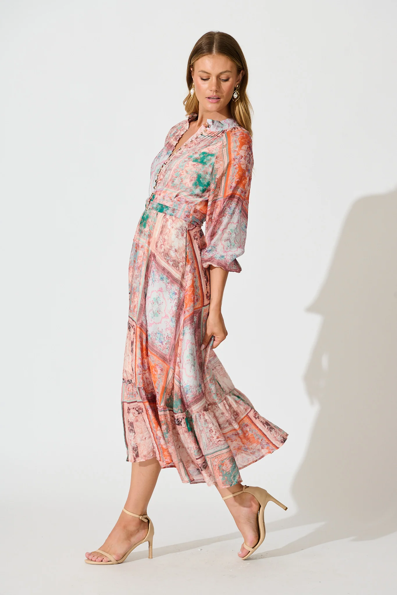 Sardina Midi Dress in Blush and Multi Patchwork Print - Image 3