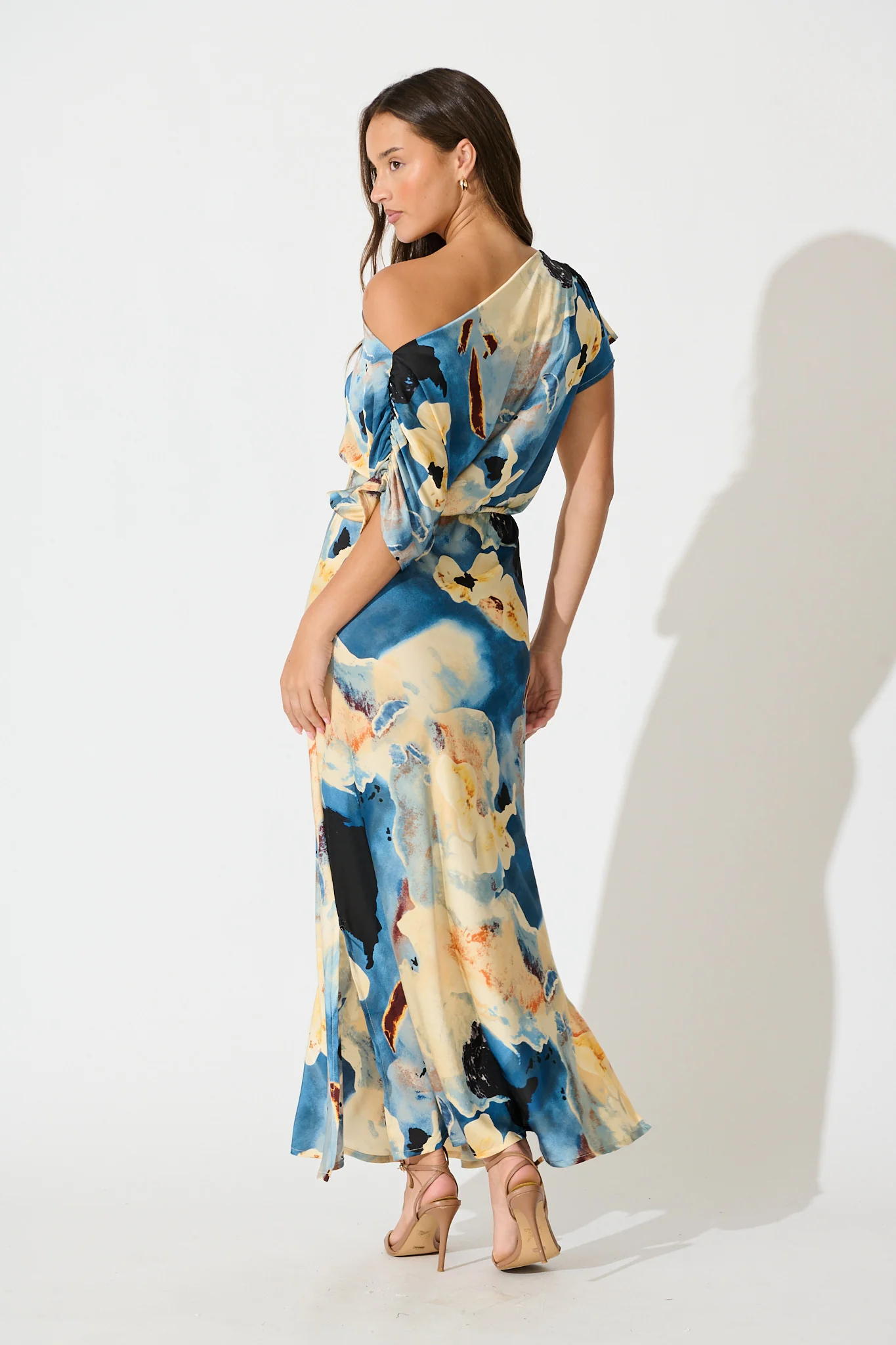 Sarita Maxi Off Shoulder Dress in Blue Watercolour Satin - Image 6
