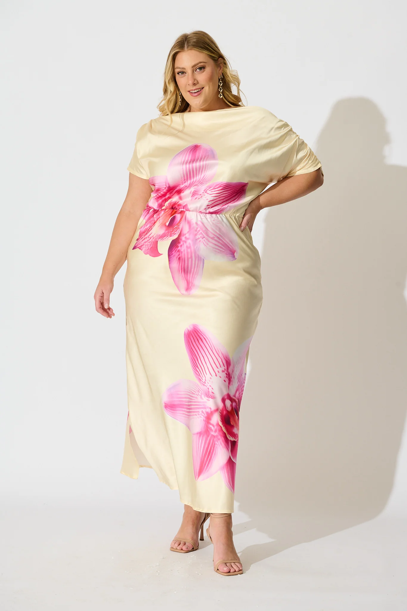 Sarita Maxi Off Shoulder Dress in Butter Yellow Floral Satin - Image 6