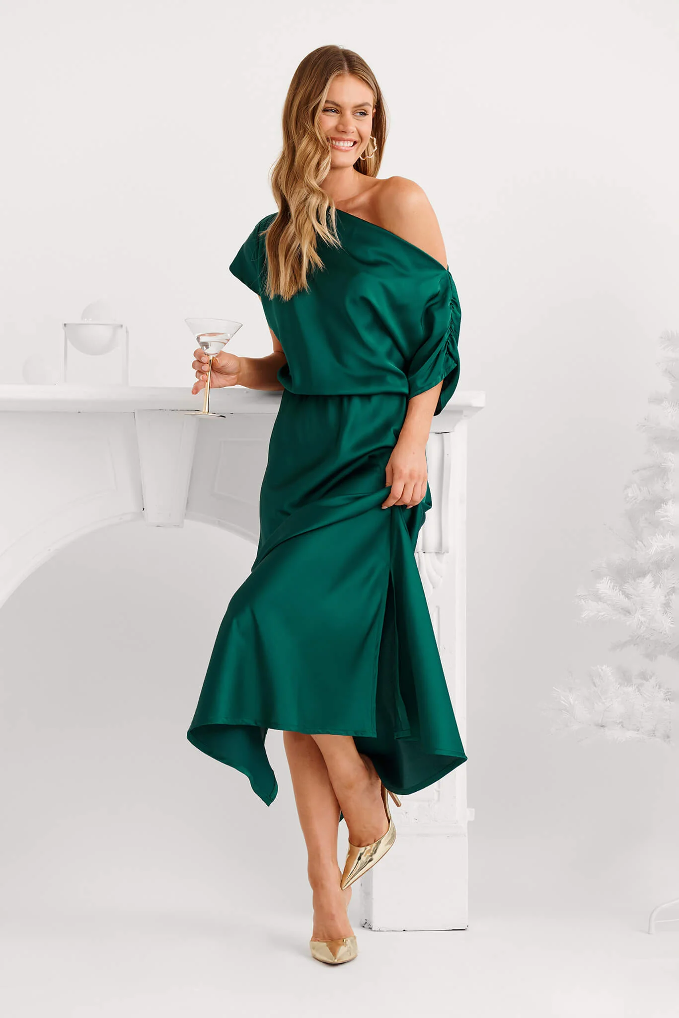 Sarita Maxi Off Shoulder Dress in Emerald Green Satin - Image 5