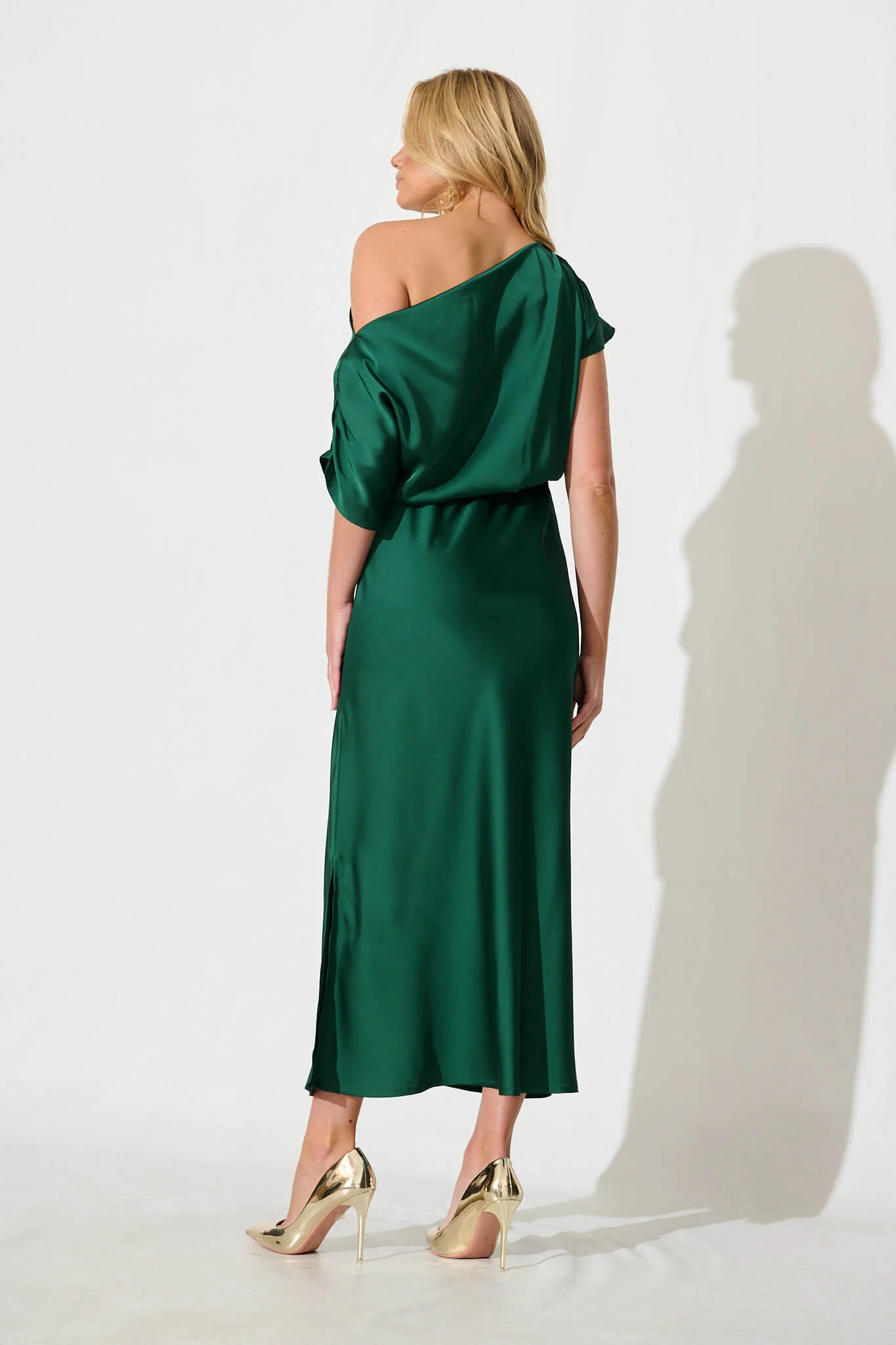 Sarita Maxi Off Shoulder Dress in Emerald Green Satin - Image 8