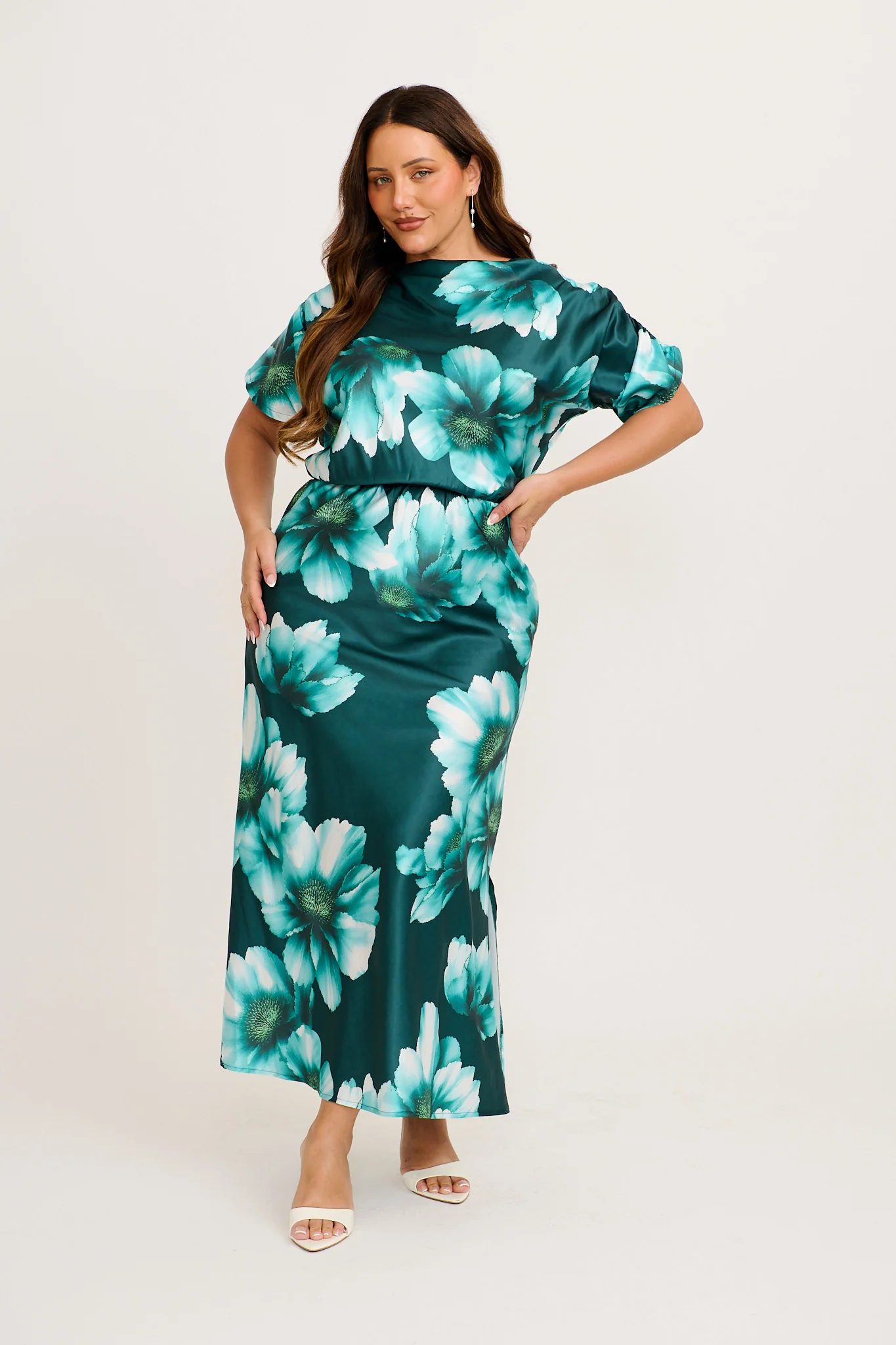 Sarita Maxi Off Shoulder Dress in Green with White Floral Satin