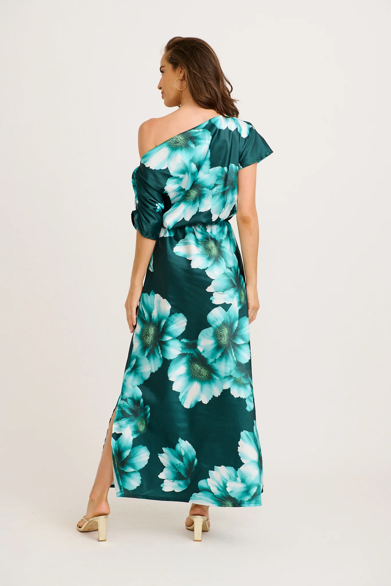 Sarita Maxi Off Shoulder Dress in Green with White Floral Satin - Image 5