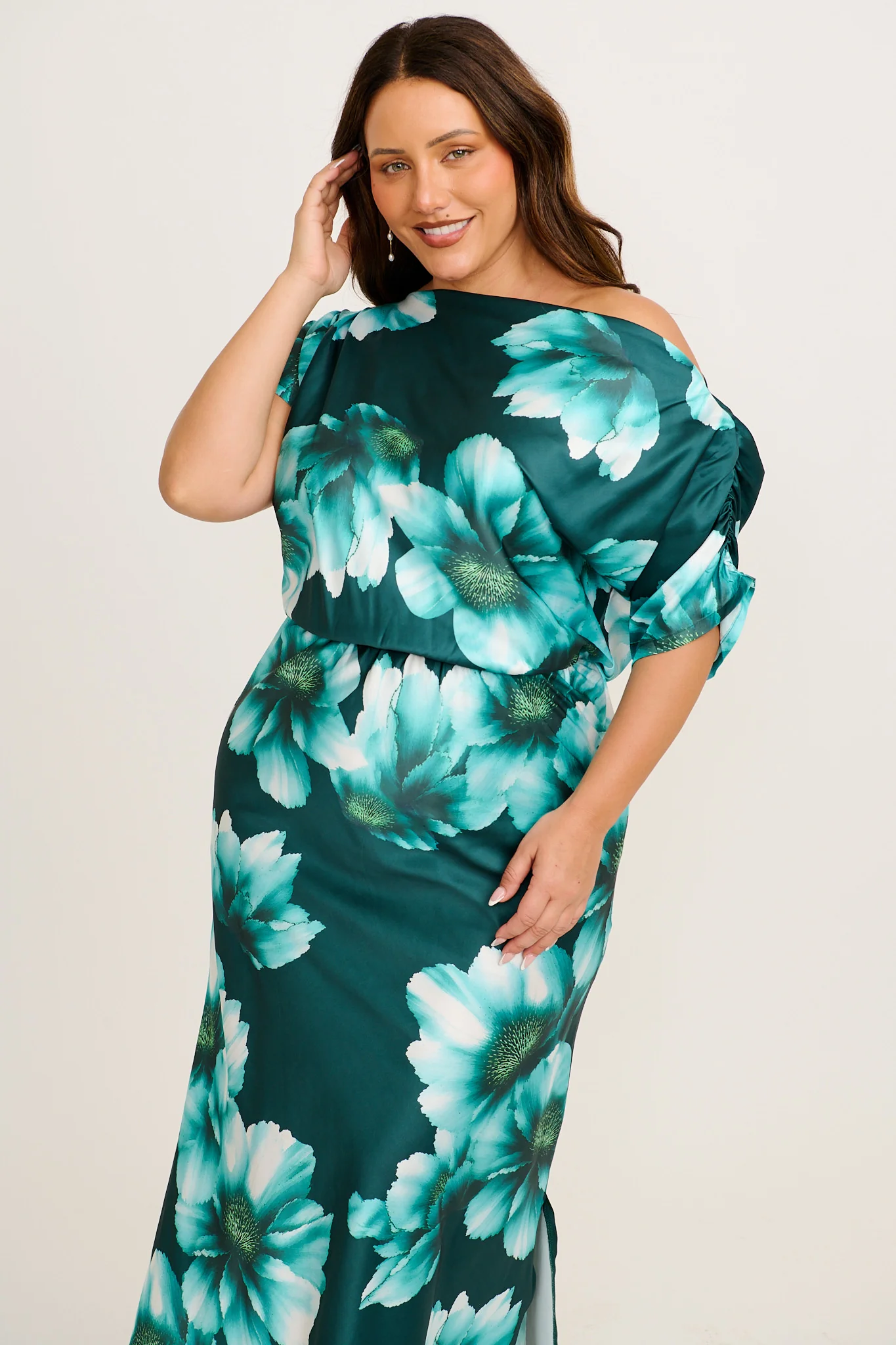 Sarita Maxi Off Shoulder Dress in Green with White Floral Satin - Image 7