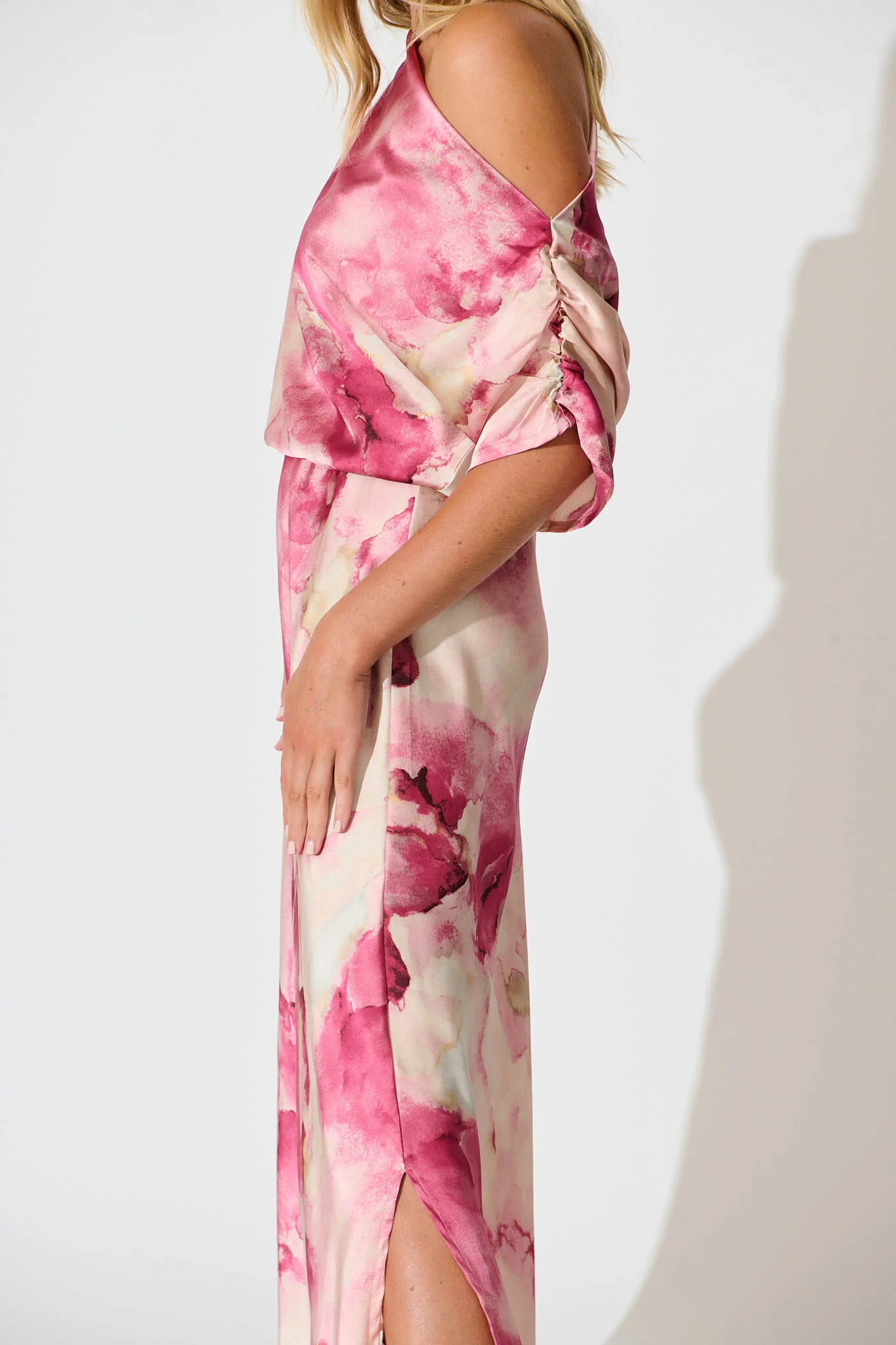 Sarita Maxi Off Shoulder Dress in Magenta Watercolour Satin - Image 5
