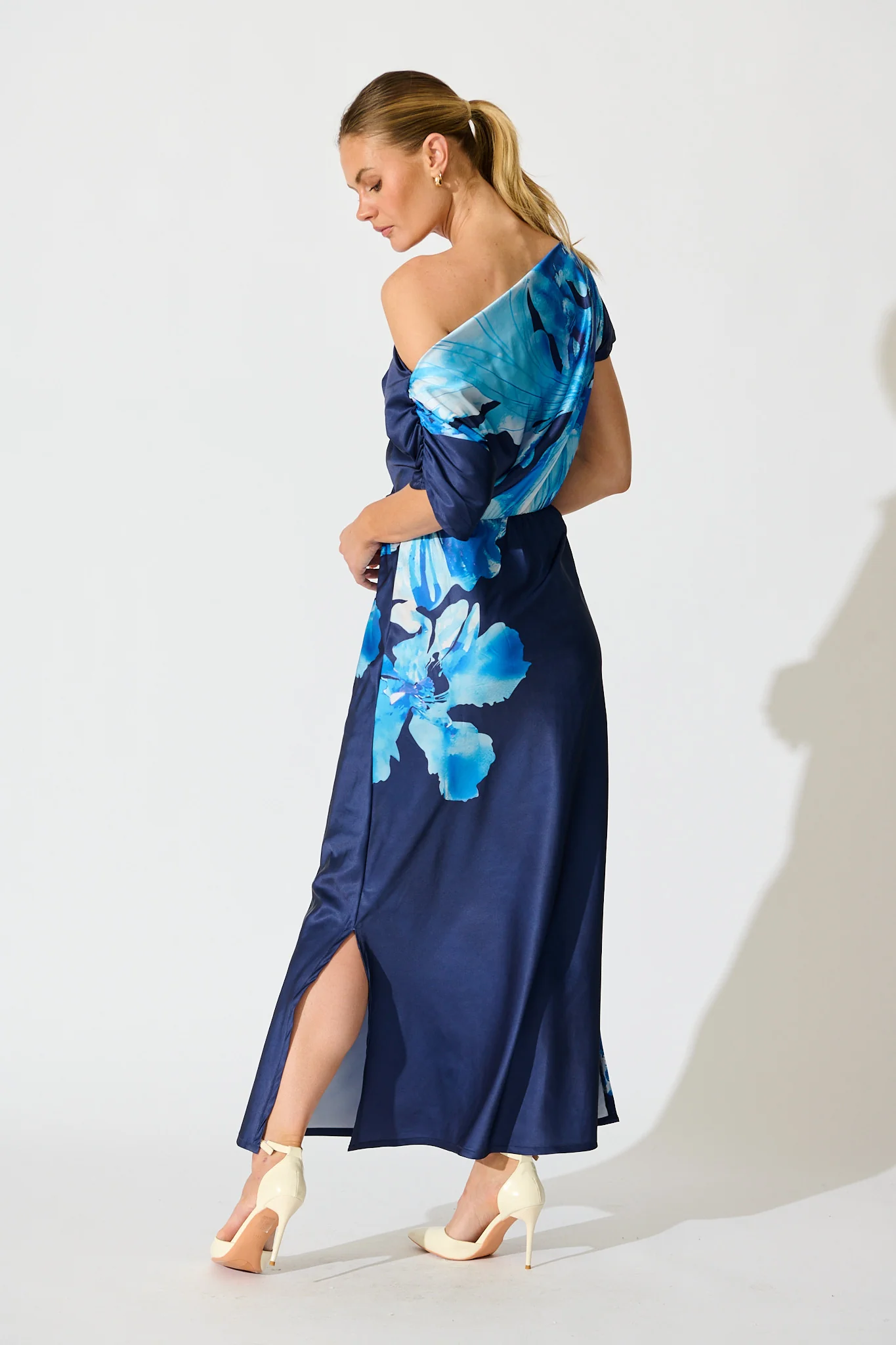 Sarita Maxi Off Shoulder Dress in Navy Floral Satin - Image 6