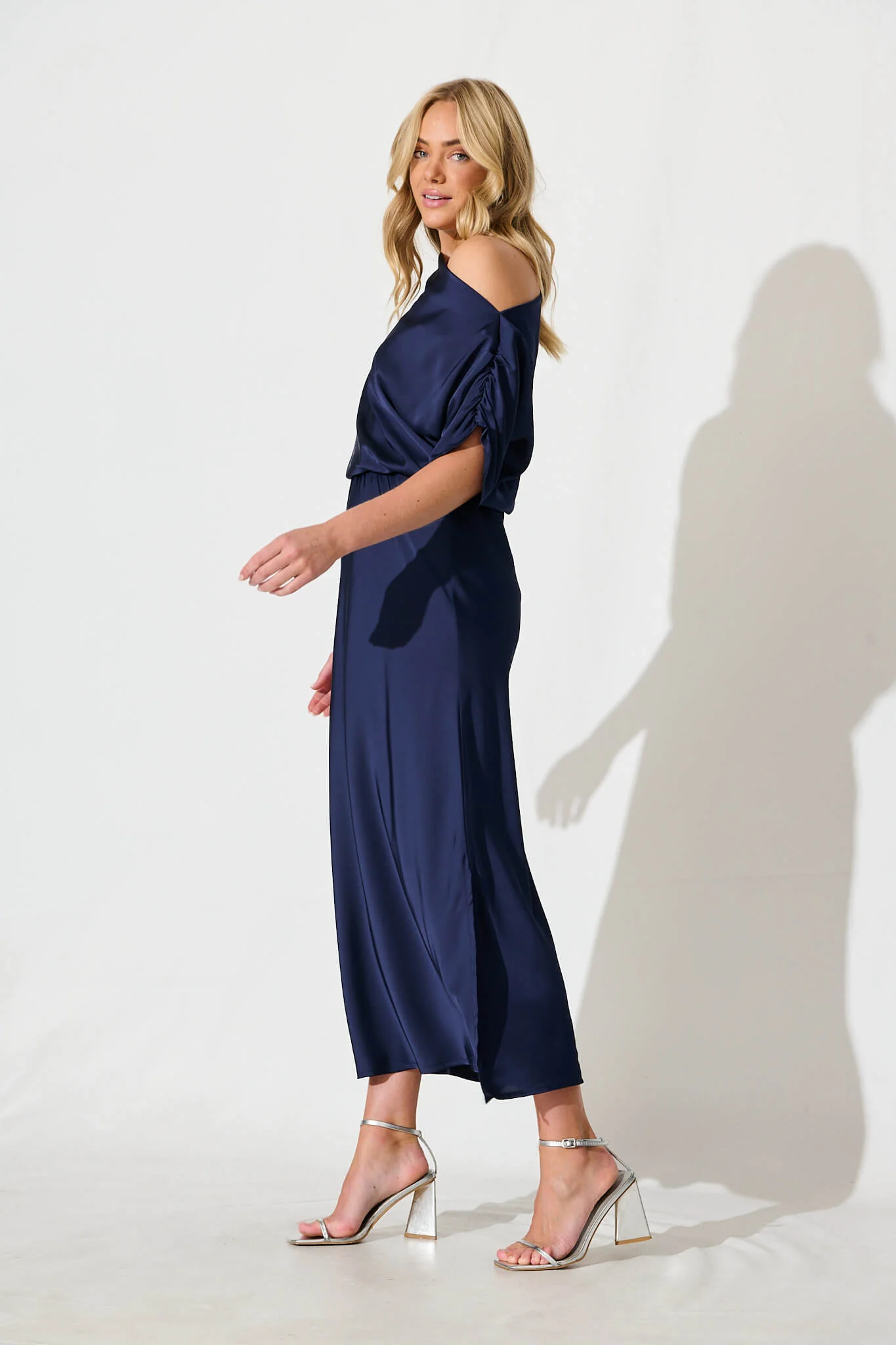 Sarita Maxi Off Shoulder Dress in Navy Satin - Image 3