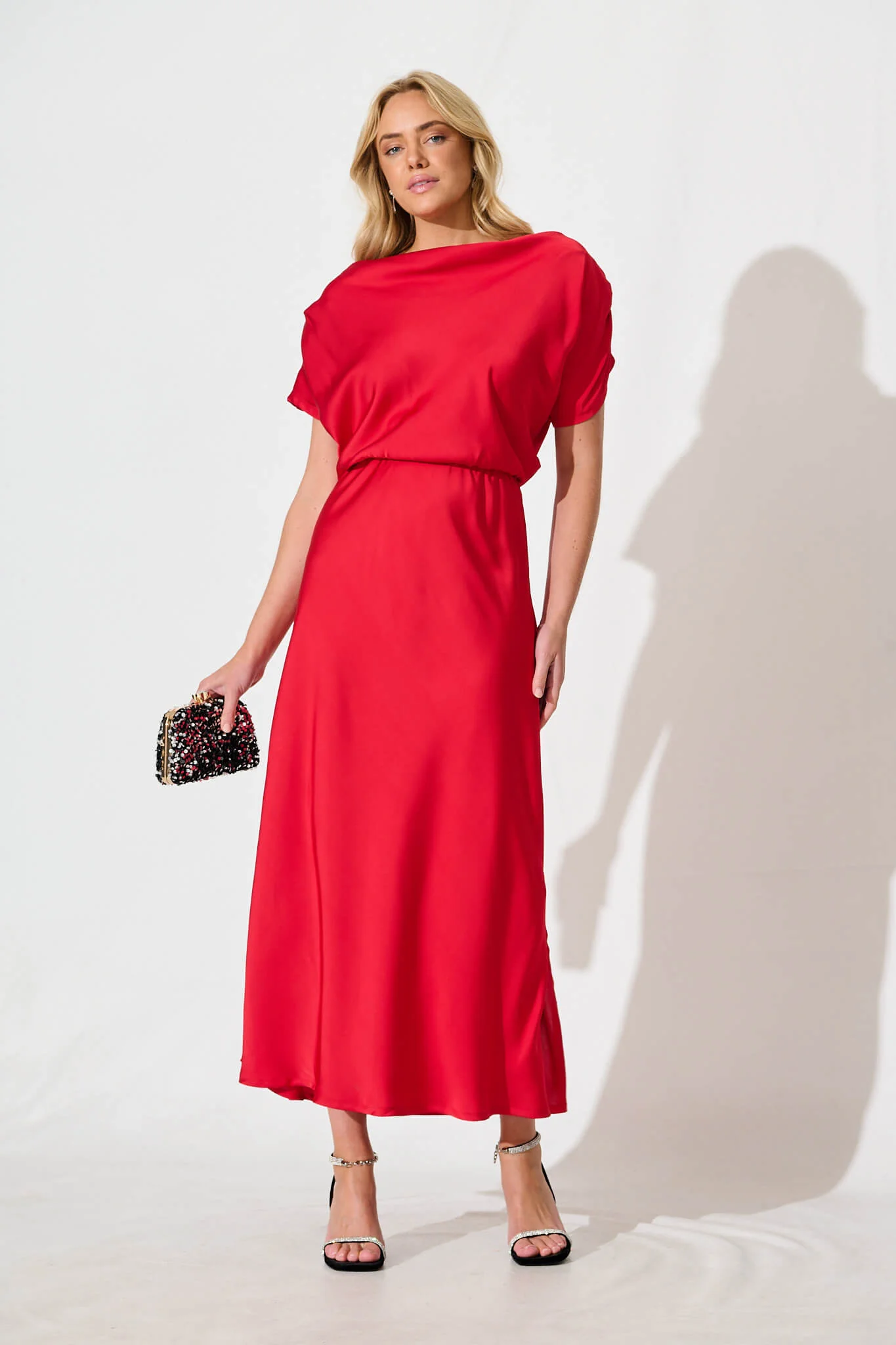 Sarita Maxi Off Shoulder Dress in Red Satin - Image 3