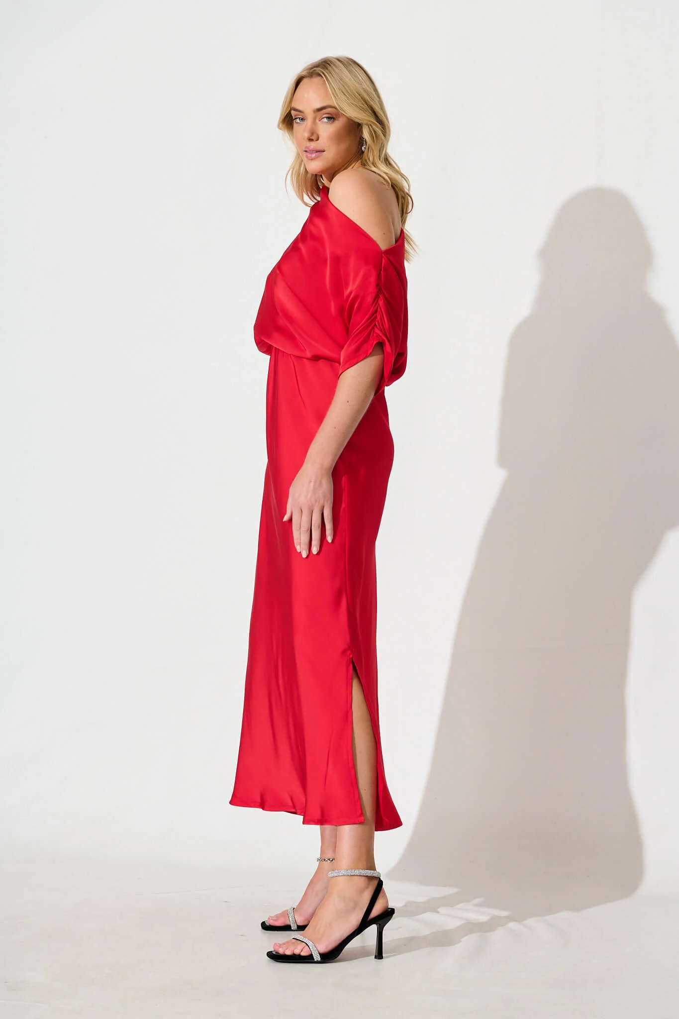 Sarita Maxi Off Shoulder Dress in Red Satin - Image 6