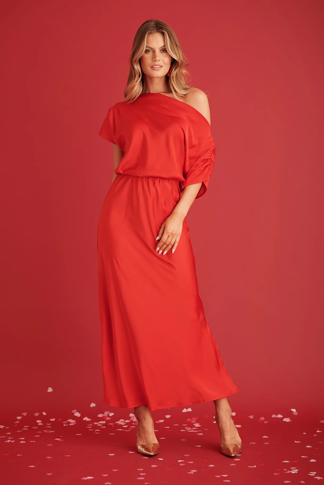 Sarita Maxi Off Shoulder Dress in Red Satin - Image 9