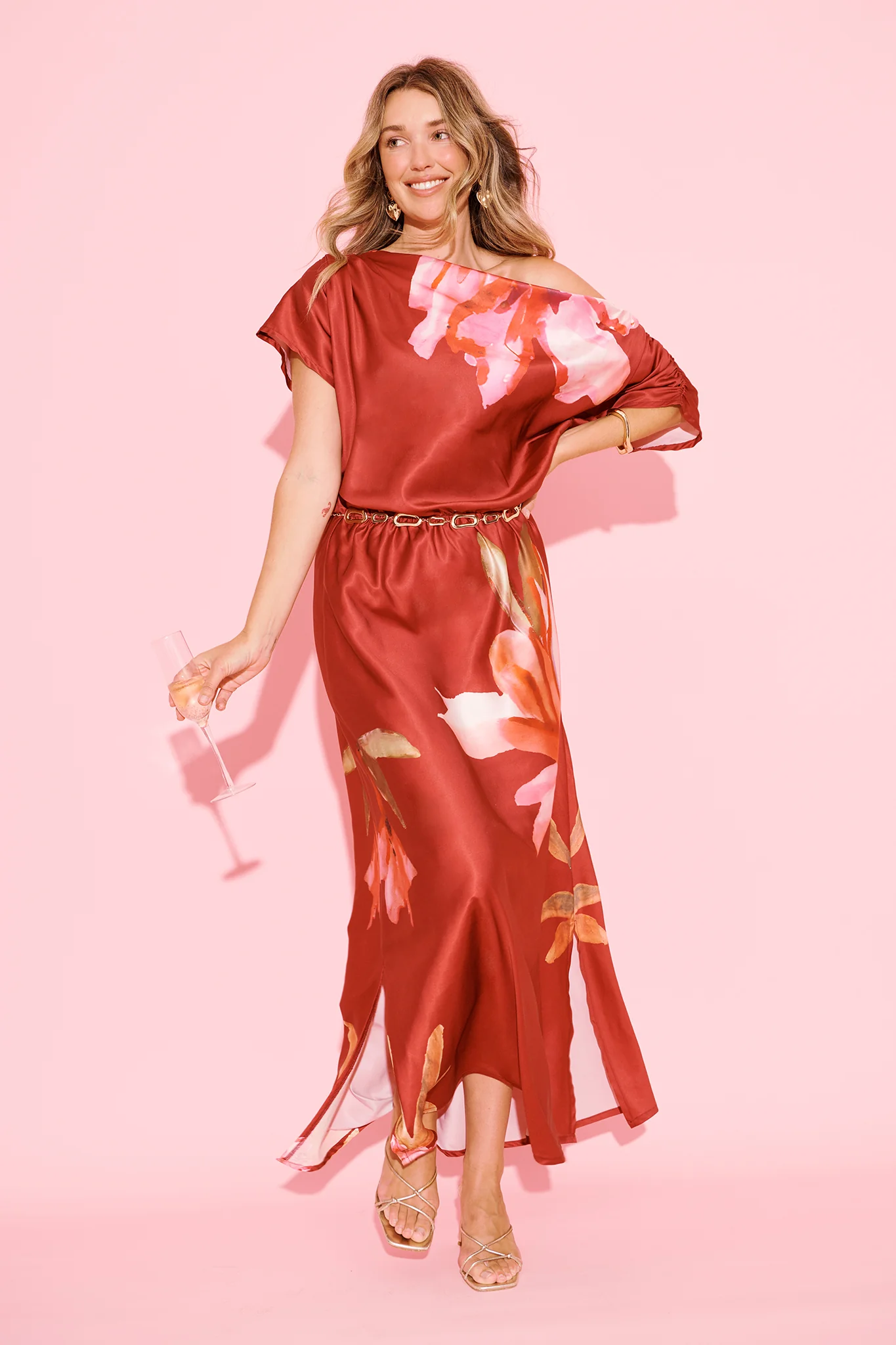 Sarita Maxi Off Shoulder Dress in Wine Floral Satin