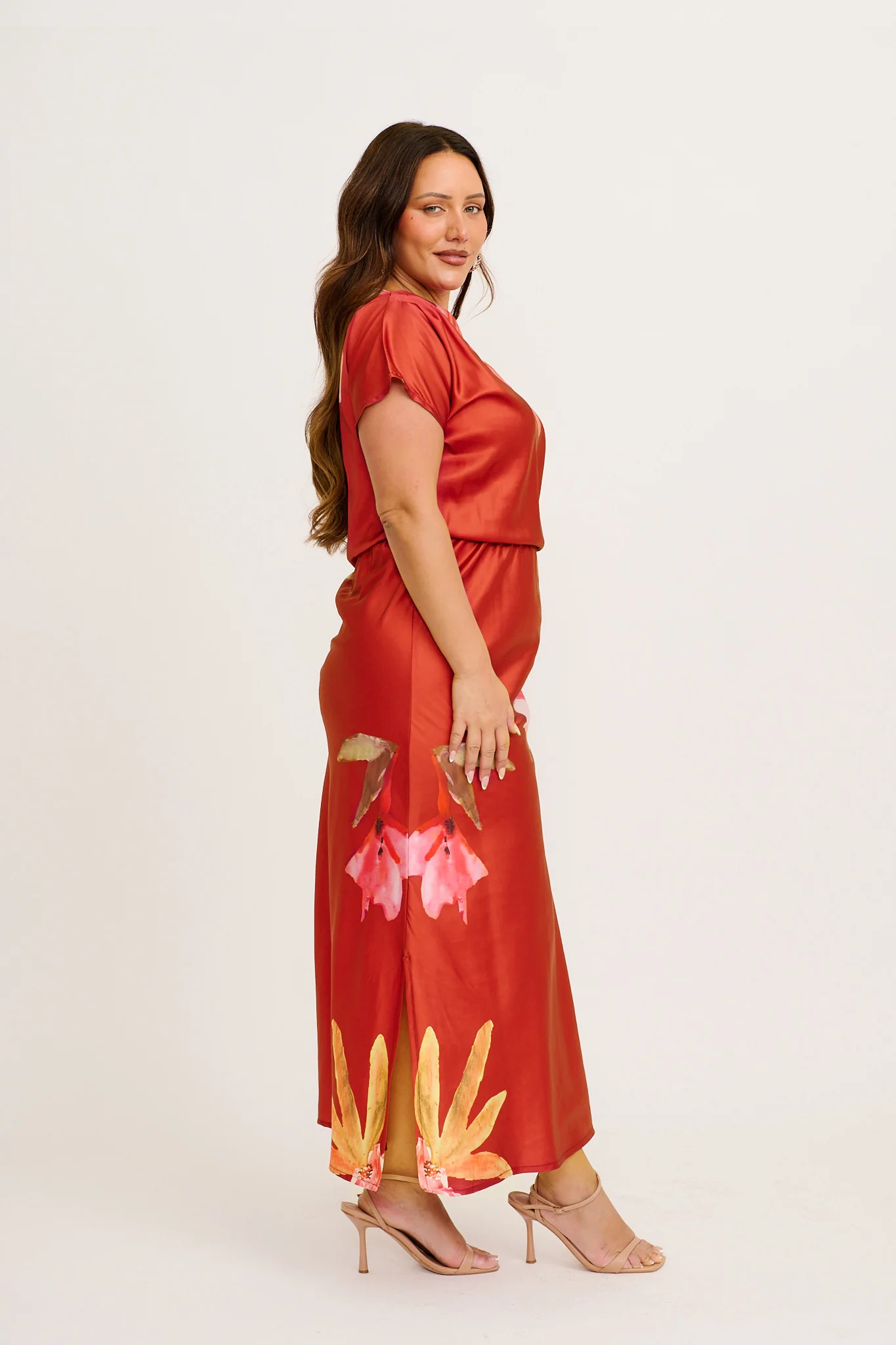Sarita Maxi Off Shoulder Dress in Wine Floral Satin - Image 12