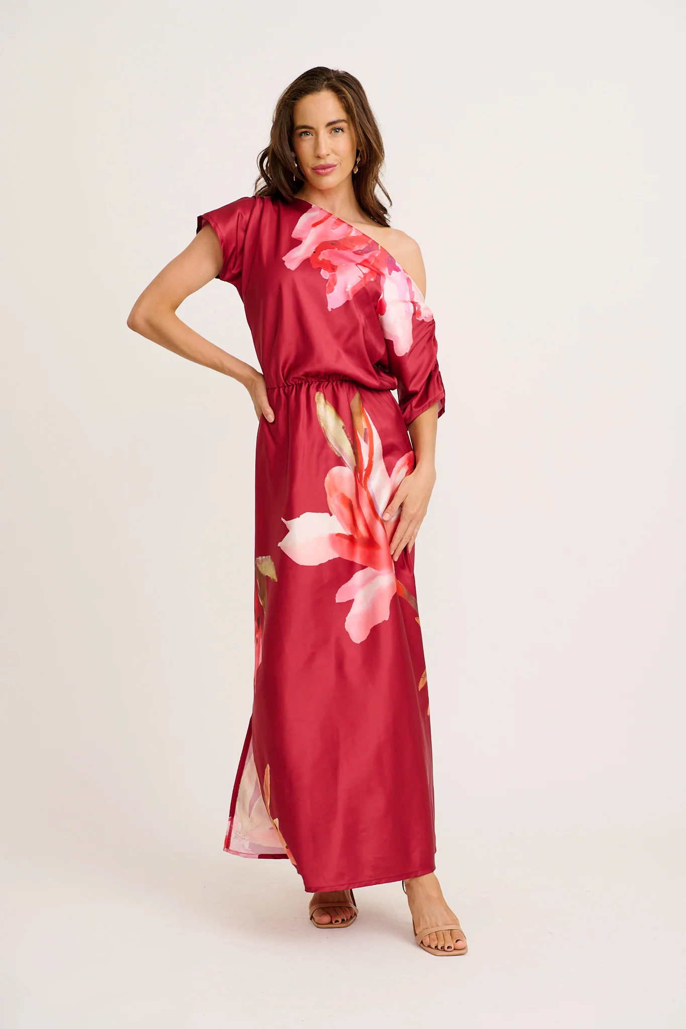Sarita Maxi Off Shoulder Dress in Wine Floral Satin - Image 5