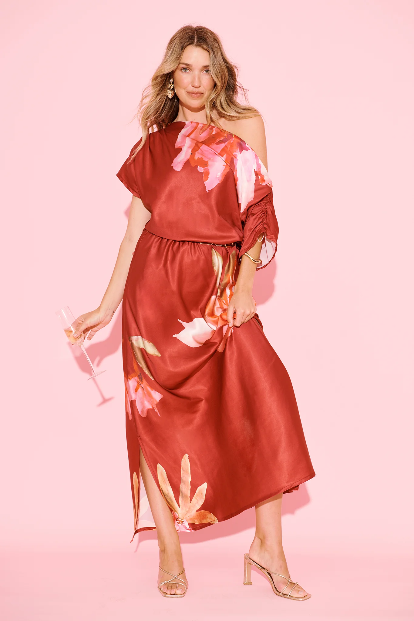 Sarita Maxi Off Shoulder Dress in Wine Floral Satin - Image 6