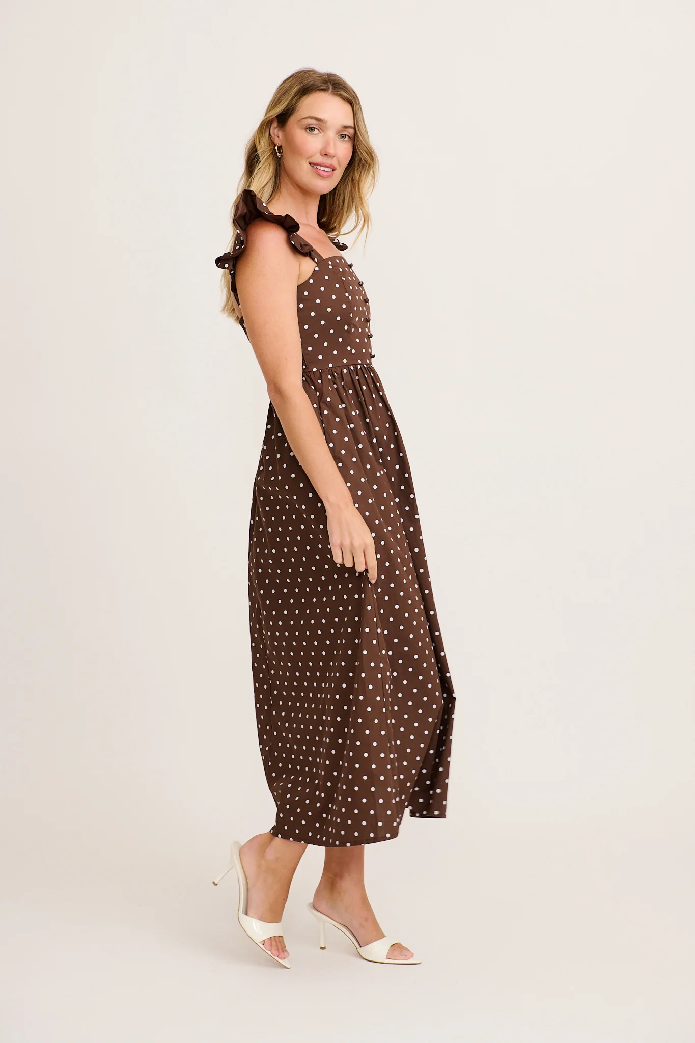 Sascha Maxi Dress in Chocolate with Cream Polka Dot Cotton - Image 3
