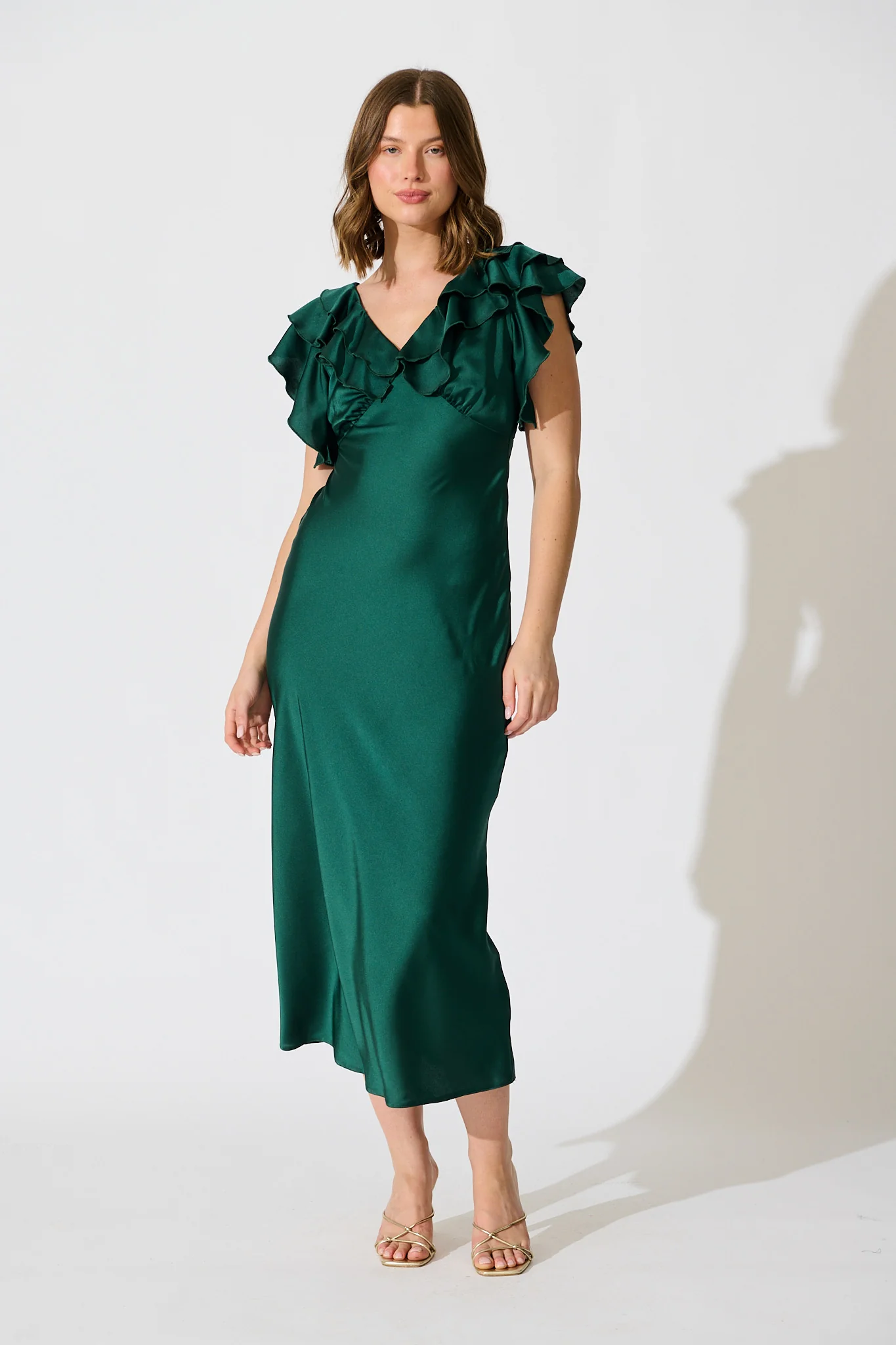 Satin Dream Midi Dress in Emerald Satin - Image 3