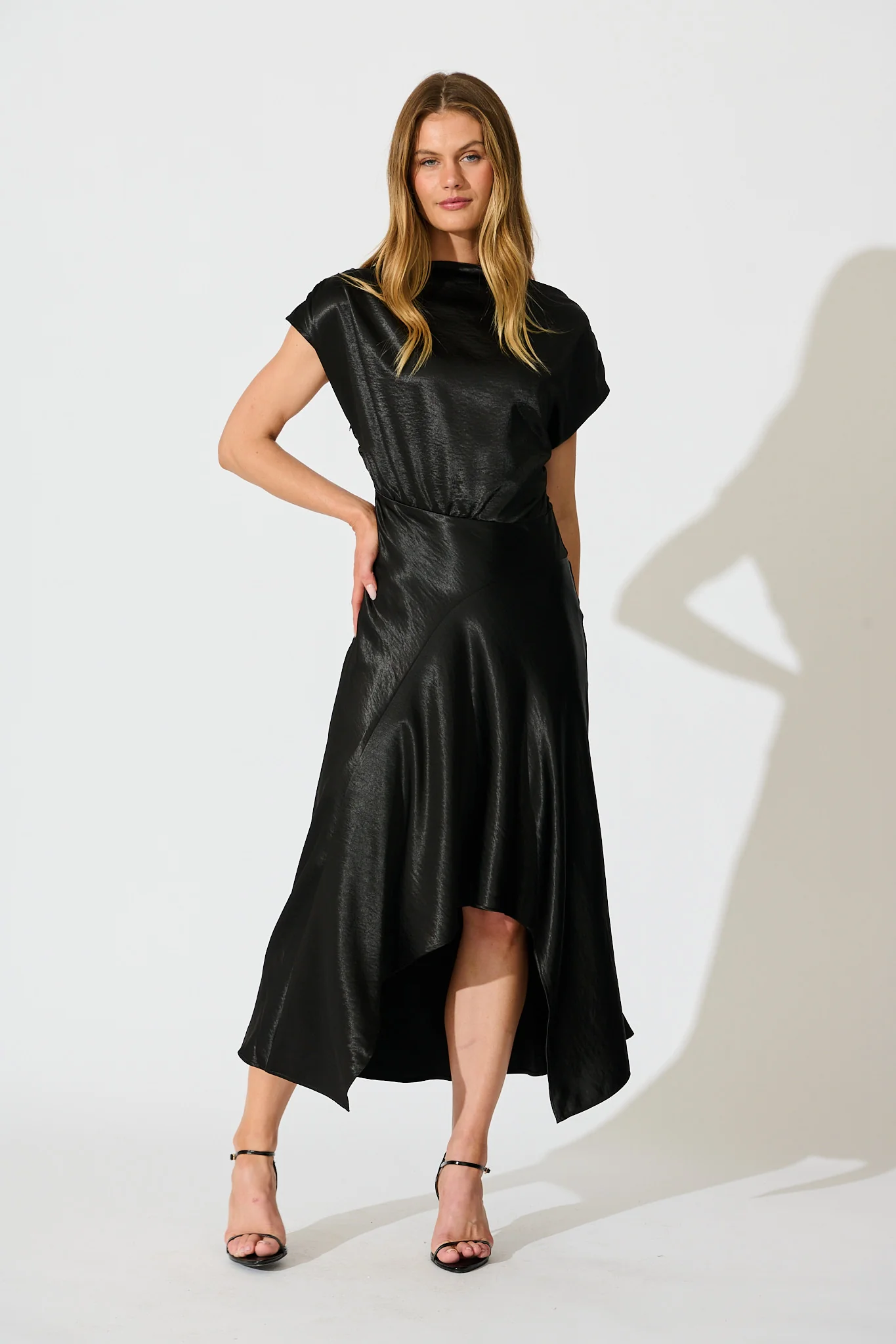 Satin Glow Off Shoulder Maxi Dress in Black Satin