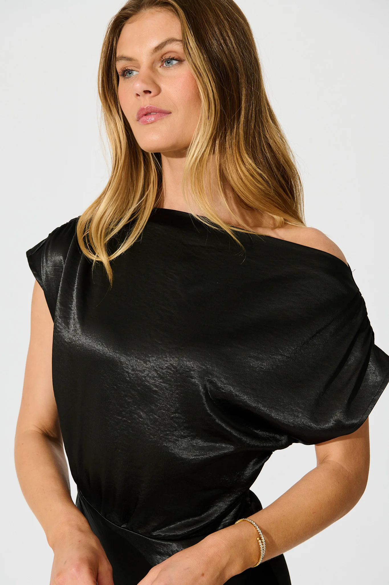 Satin Glow Off Shoulder Maxi Dress in Black Satin - Image 5