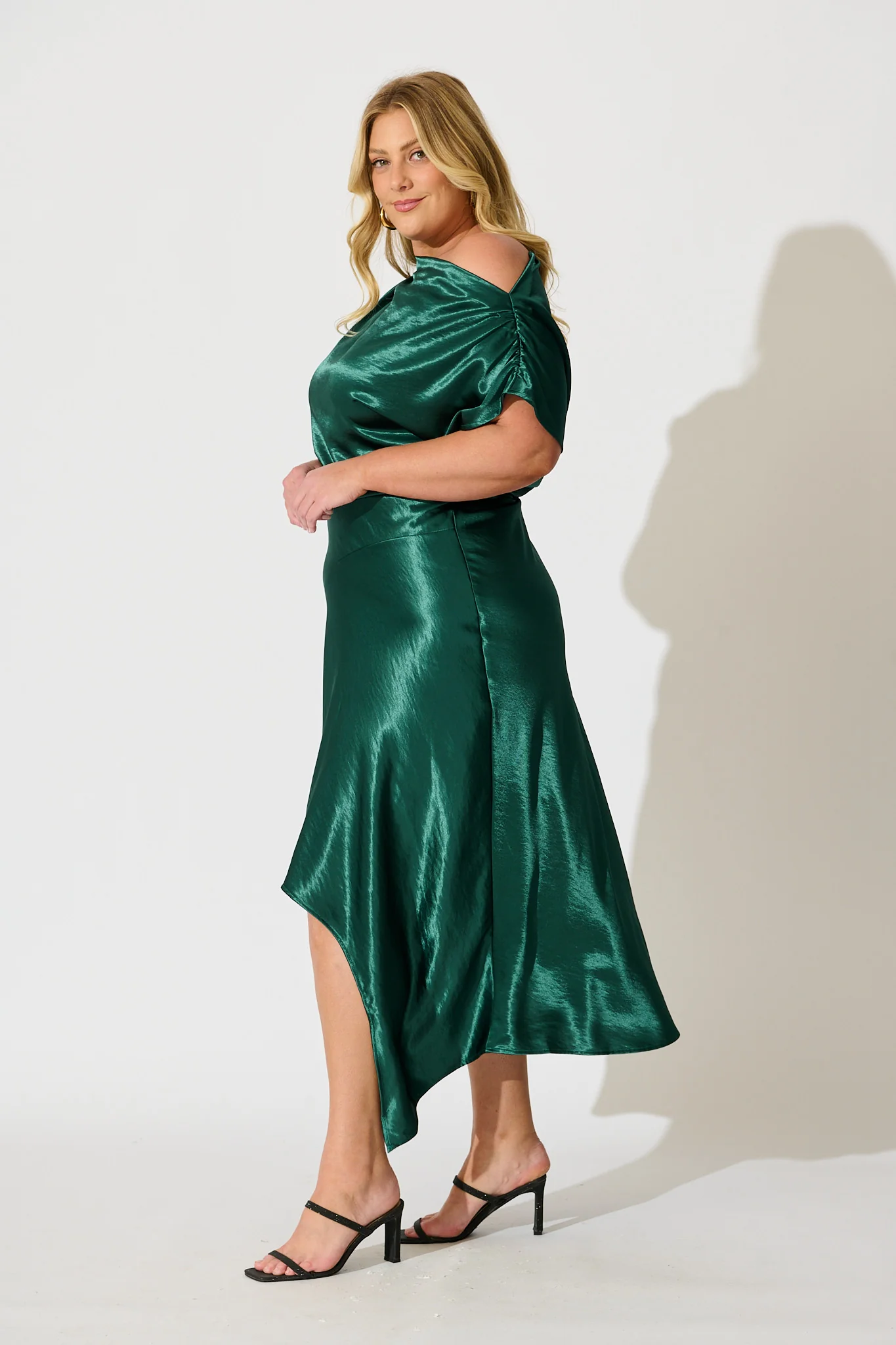 Satin Glow Off Shoulder Maxi Dress in Emerald Satin - Image 8