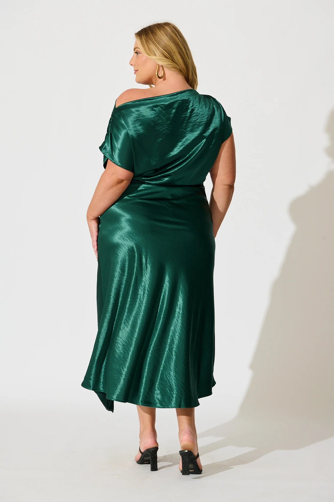 Satin Glow Off Shoulder Maxi Dress in Emerald Satin - Image 9