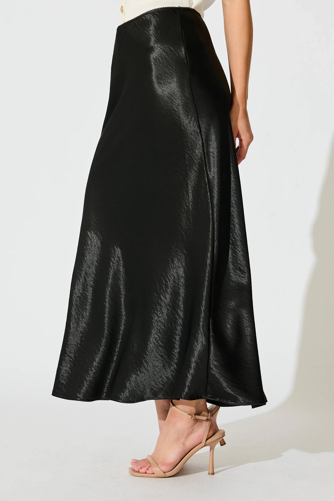 Satin Poise Midi Skirt in Black - Image 2