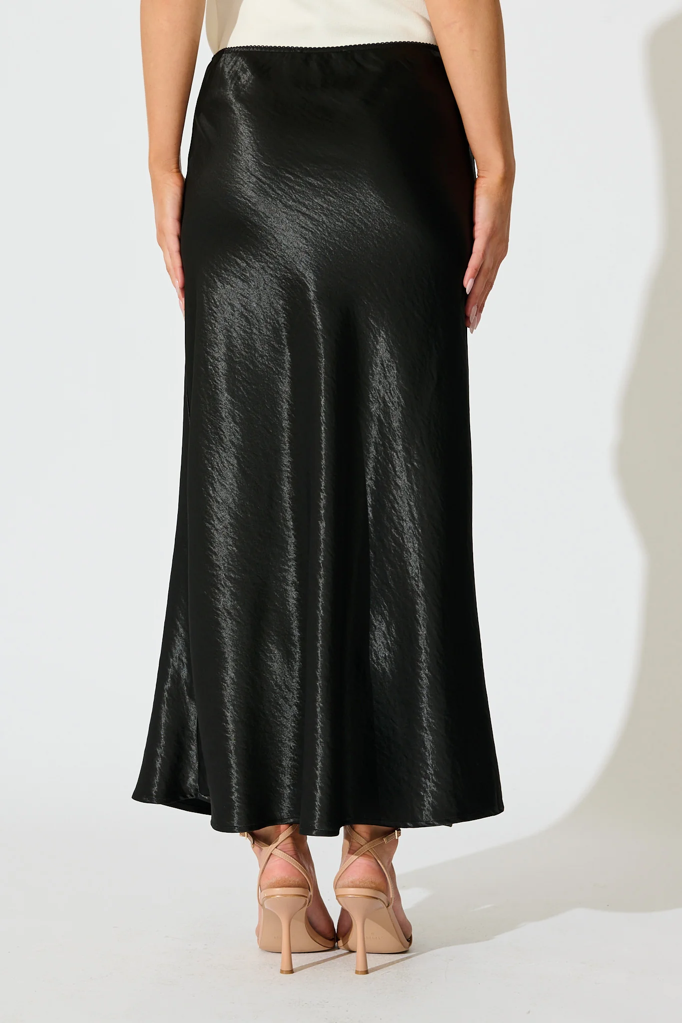 Satin Poise Midi Skirt in Black - Image 3