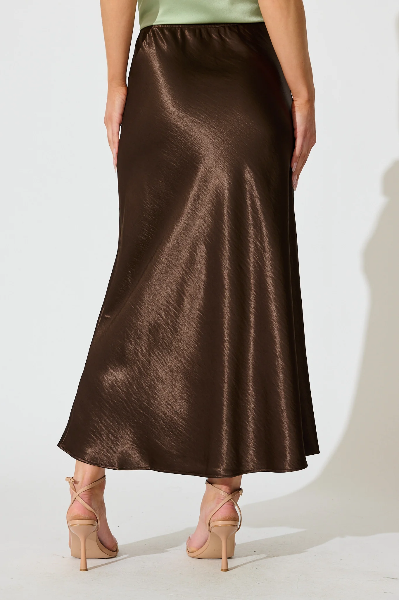 Satin Poise Midi Skirt in Chocolate - Image 3