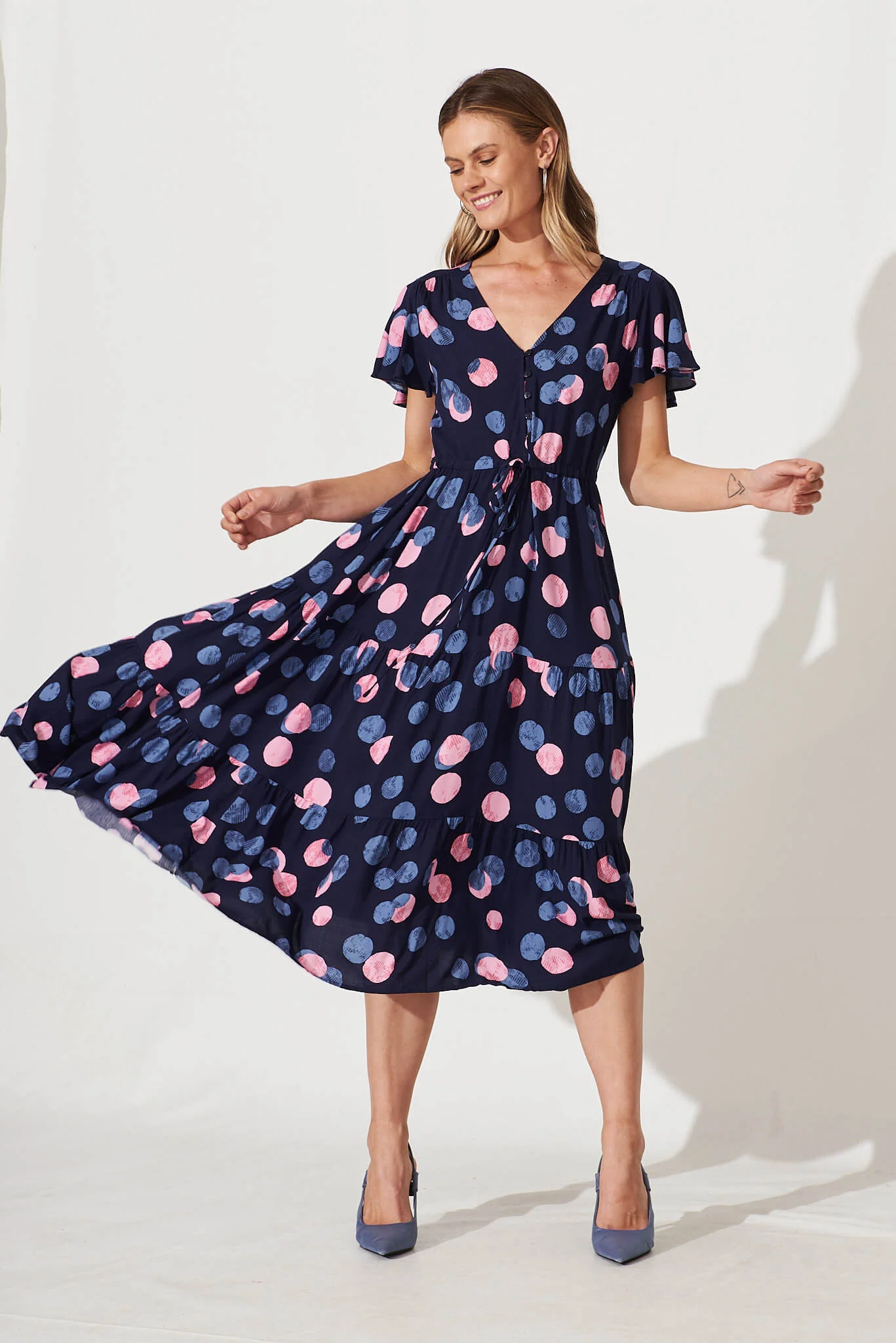 Saturday Midi Dress In Navy With Pink And Blue Spot