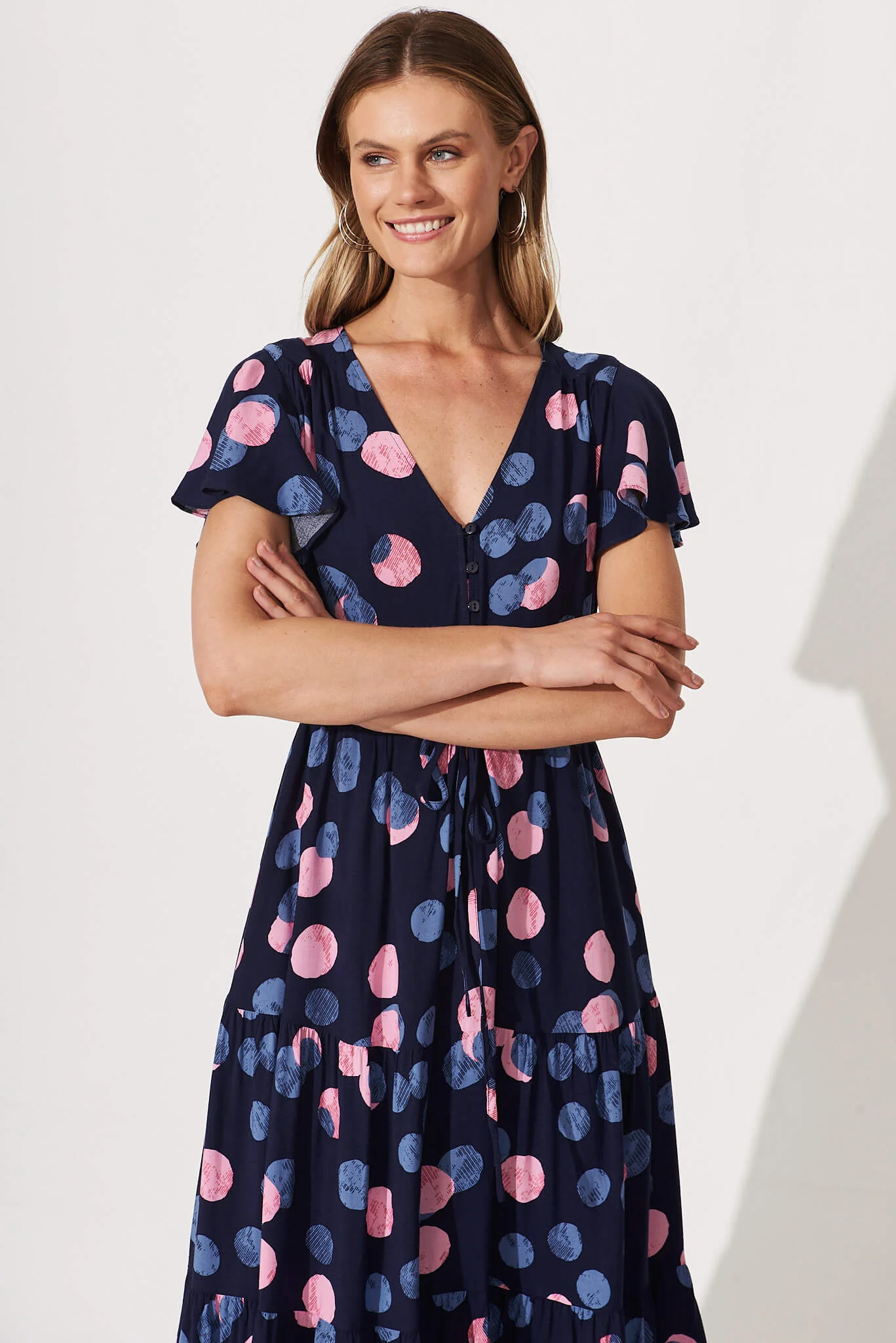 Saturday Midi Dress In Navy With Pink And Blue Spot - Image 2