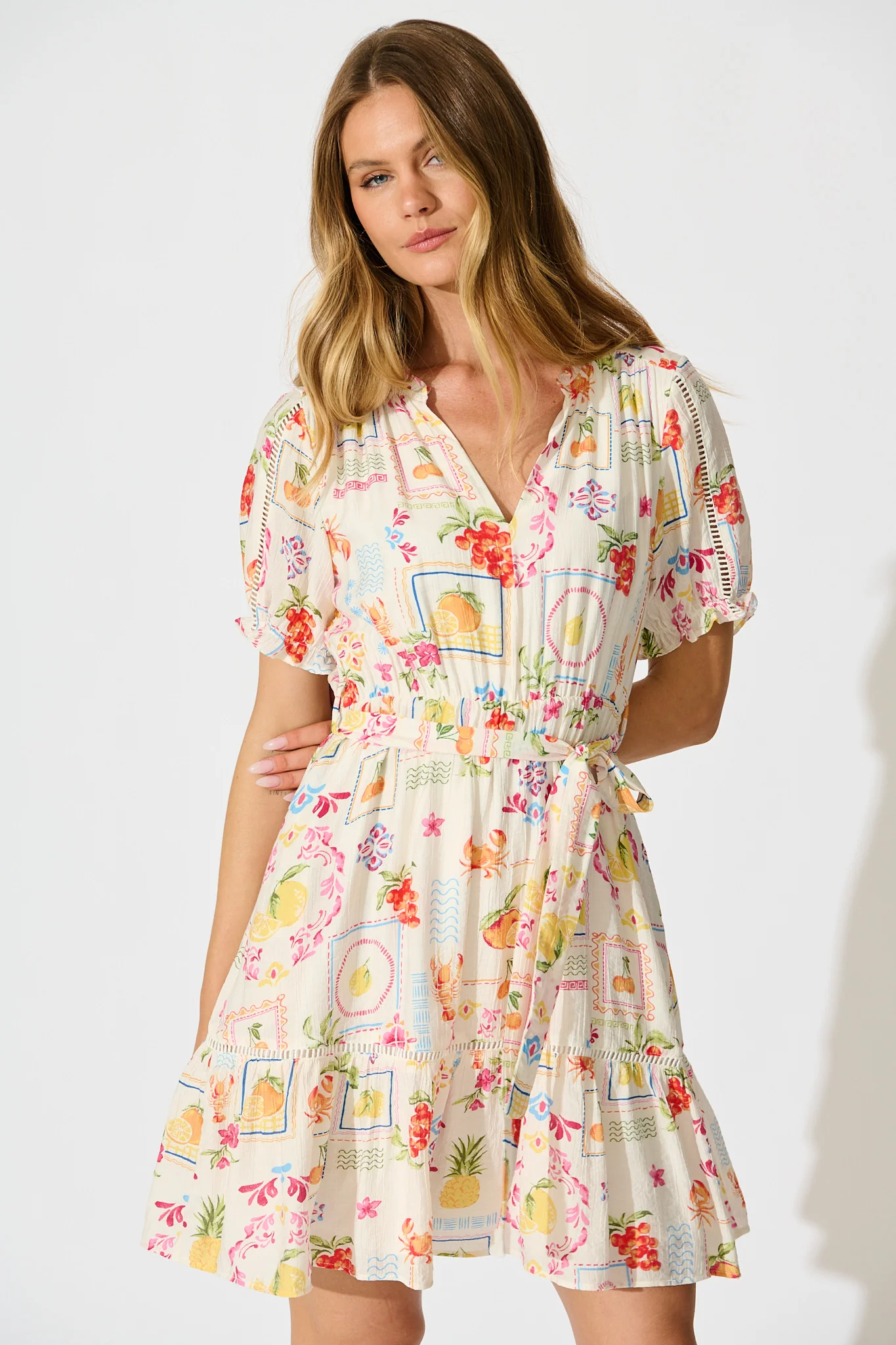 Sauline Dress in Cream Multi Postcard Print - Image 2