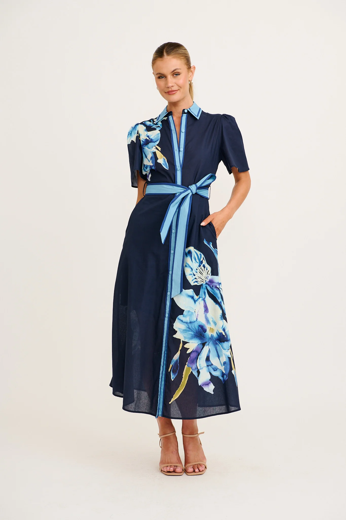 Scenic Dreams Maxi Shirt Dress in Navy with Blue Floral Cotton