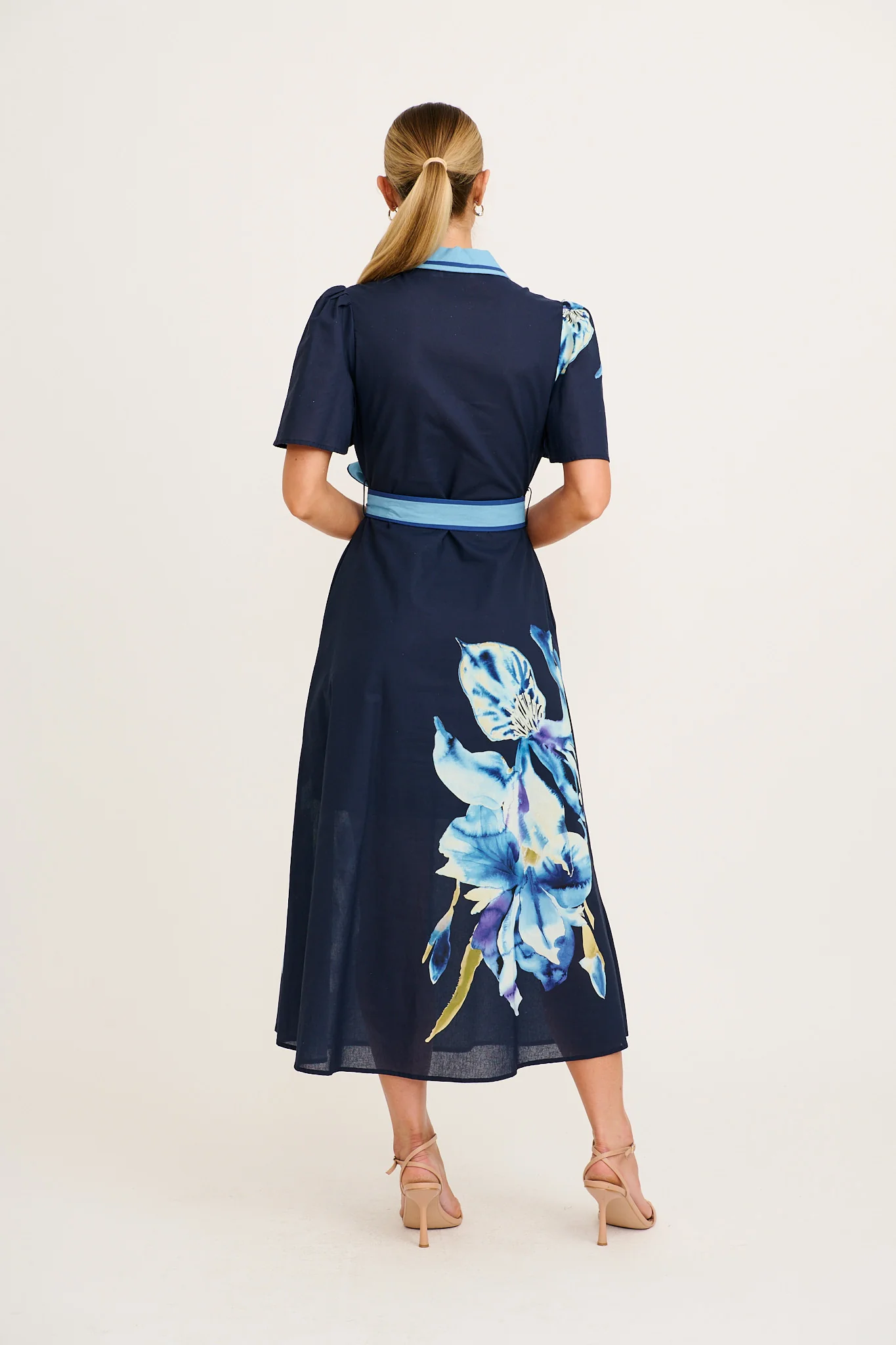 Scenic Dreams Maxi Shirt Dress in Navy with Blue Floral Cotton - Image 4