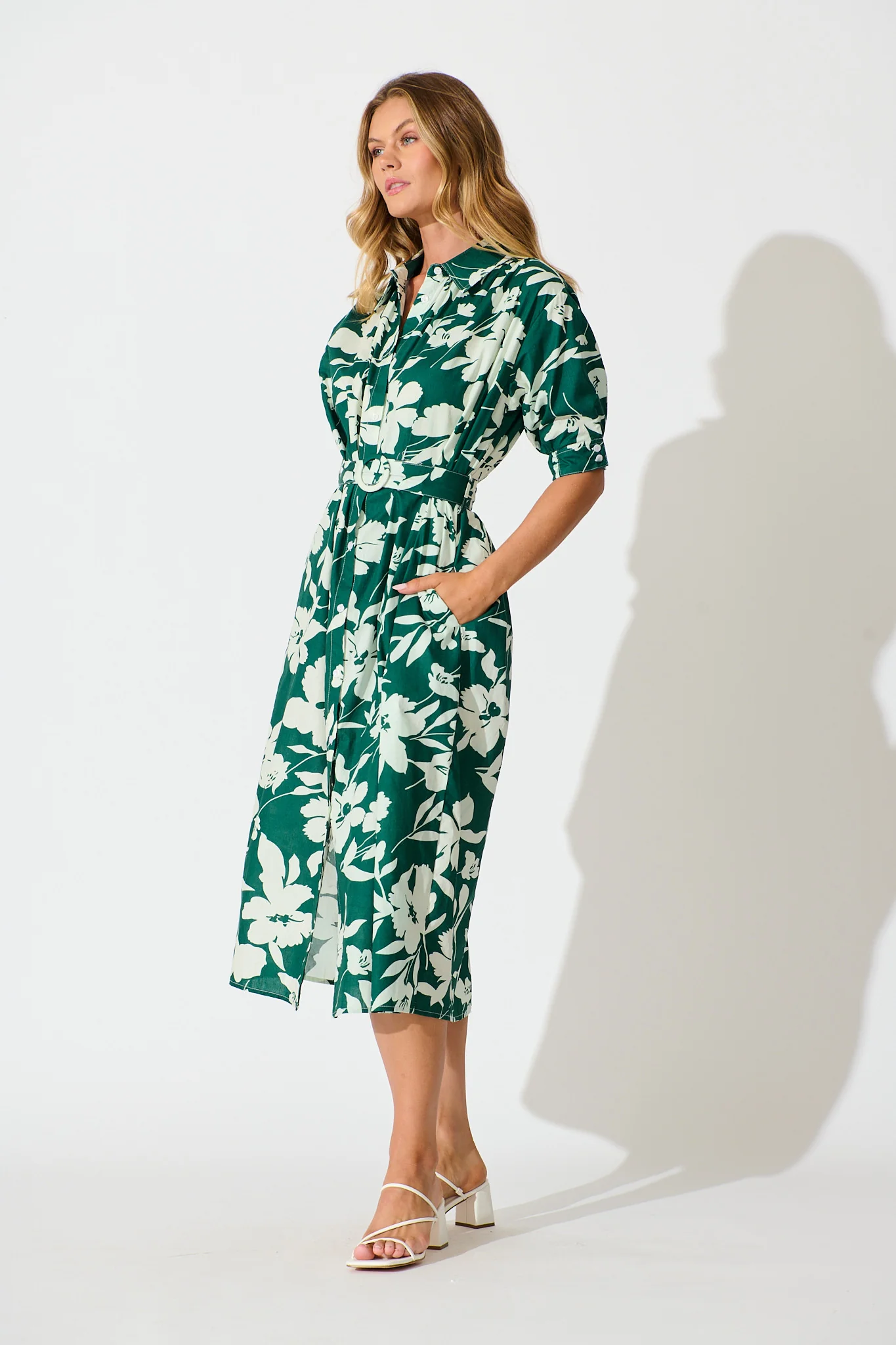 Scottdale Midi Shirt Dress in Emerald Print Cotton - Image 3