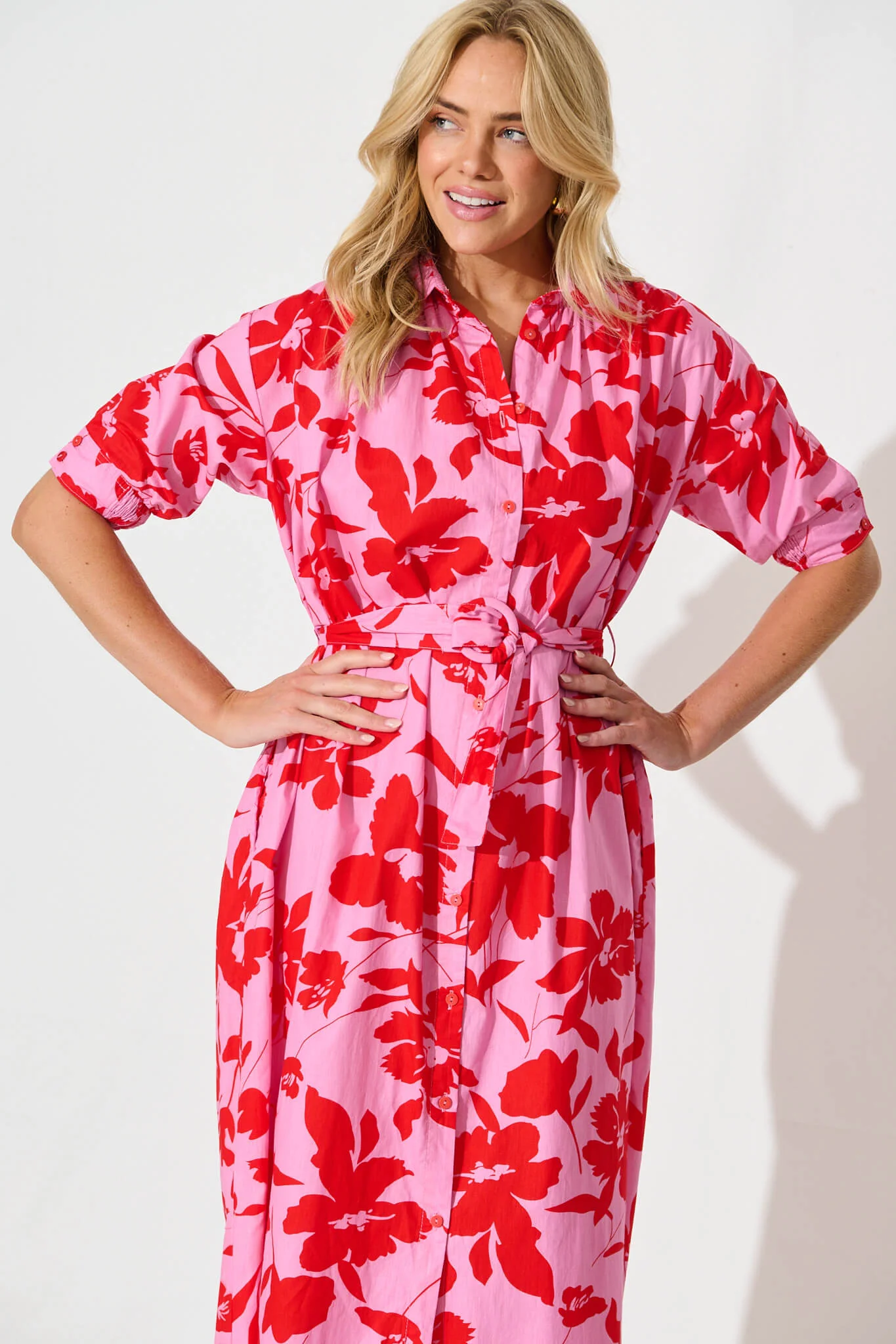 Scottdale Midi Shirt Dress in Pink with Red Floral Cotton - Image 6