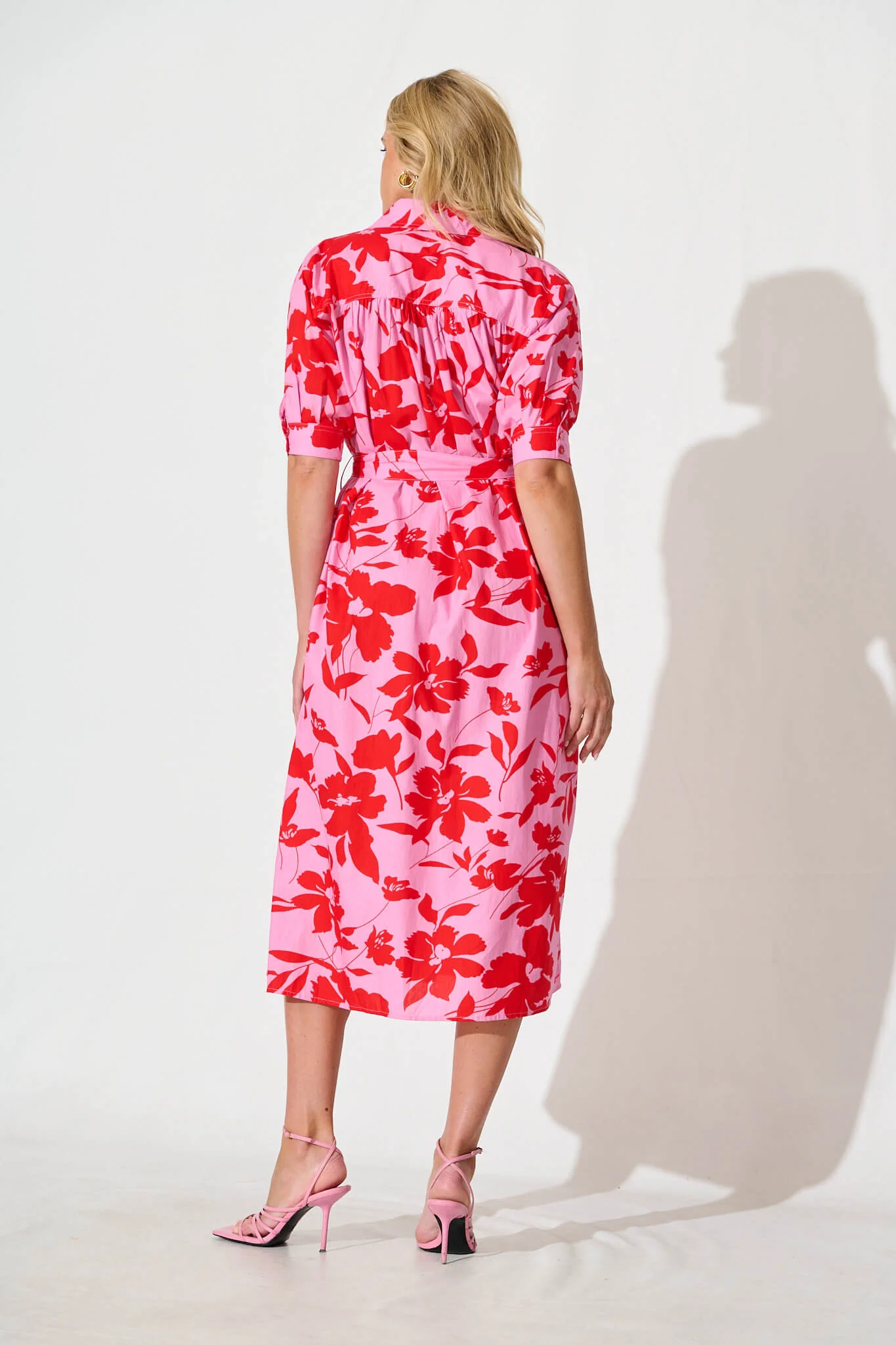 Scottdale Midi Shirt Dress in Pink with Red Floral Cotton - Image 8