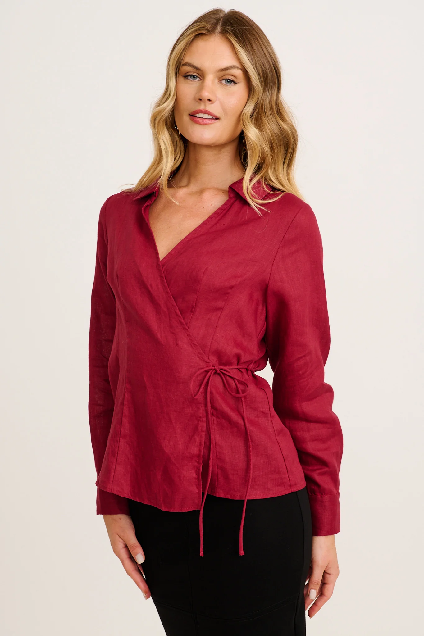 Sea Breeze Wrap Top in Wine Linen