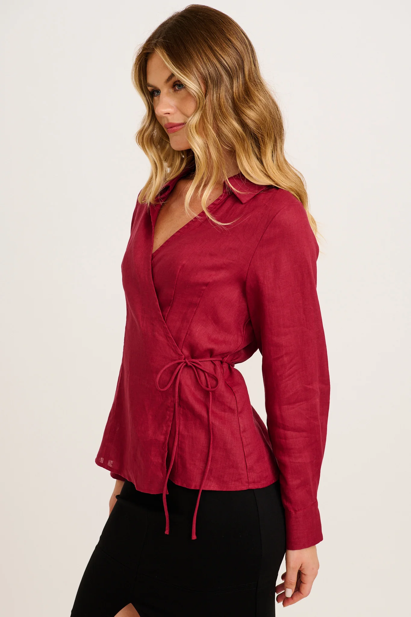 Sea Breeze Wrap Top in Wine Linen - Image 2