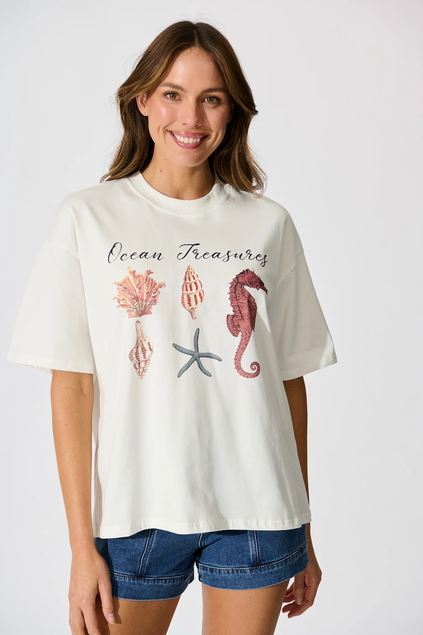 Sea Lover T Shirt in White with Multi Seashell Cotton - Image 2