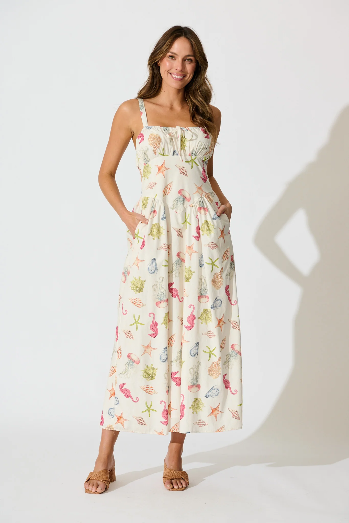 Seashell Maxi Sundress in Cream with Multi Cotton